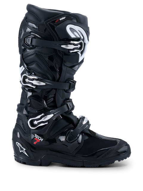 Alpinestars Tech 7 Enduro Drystar, botas de moto todo-o-terreno, pretas com detalhes brancos e vermelhos, fivelas prateadas ajustáveis, impermeáveis, proteção premium para enduro