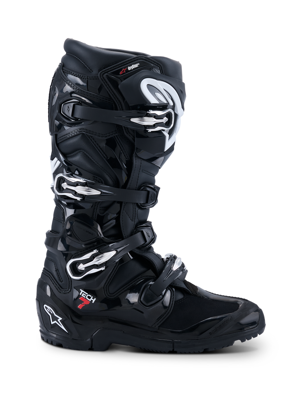 Alpinestars 2026 Tech 7 Enduro Drystar® Boots, botas de motociclismo off-road pretas, vista de perfil com quatro fechos de fivela prateados, sola enduro de composto duplo robusta e proteção TPU extensa com acabamentos em preto mate e brilhante.