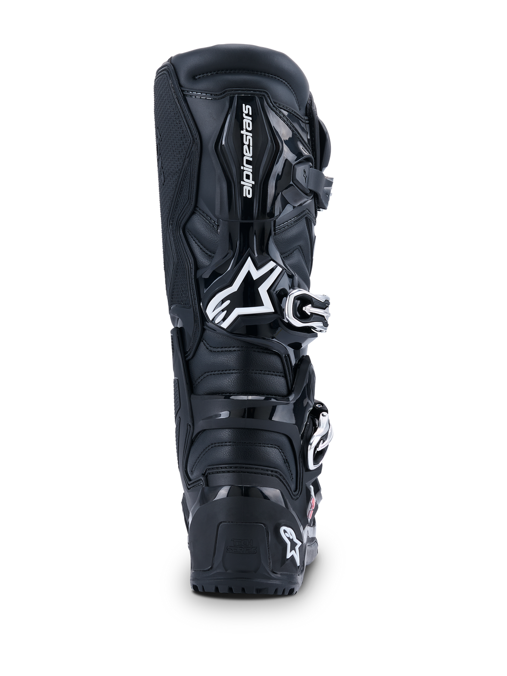 Botas Alpinestars 2026 Tech 7 Enduro Drystar®, botas de motocross, pretas, vista traseira com o logótipo Alpinestars a branco na panturrilha, painéis de proteção TPU duráveis e construção robusta para condução off-road e enduro