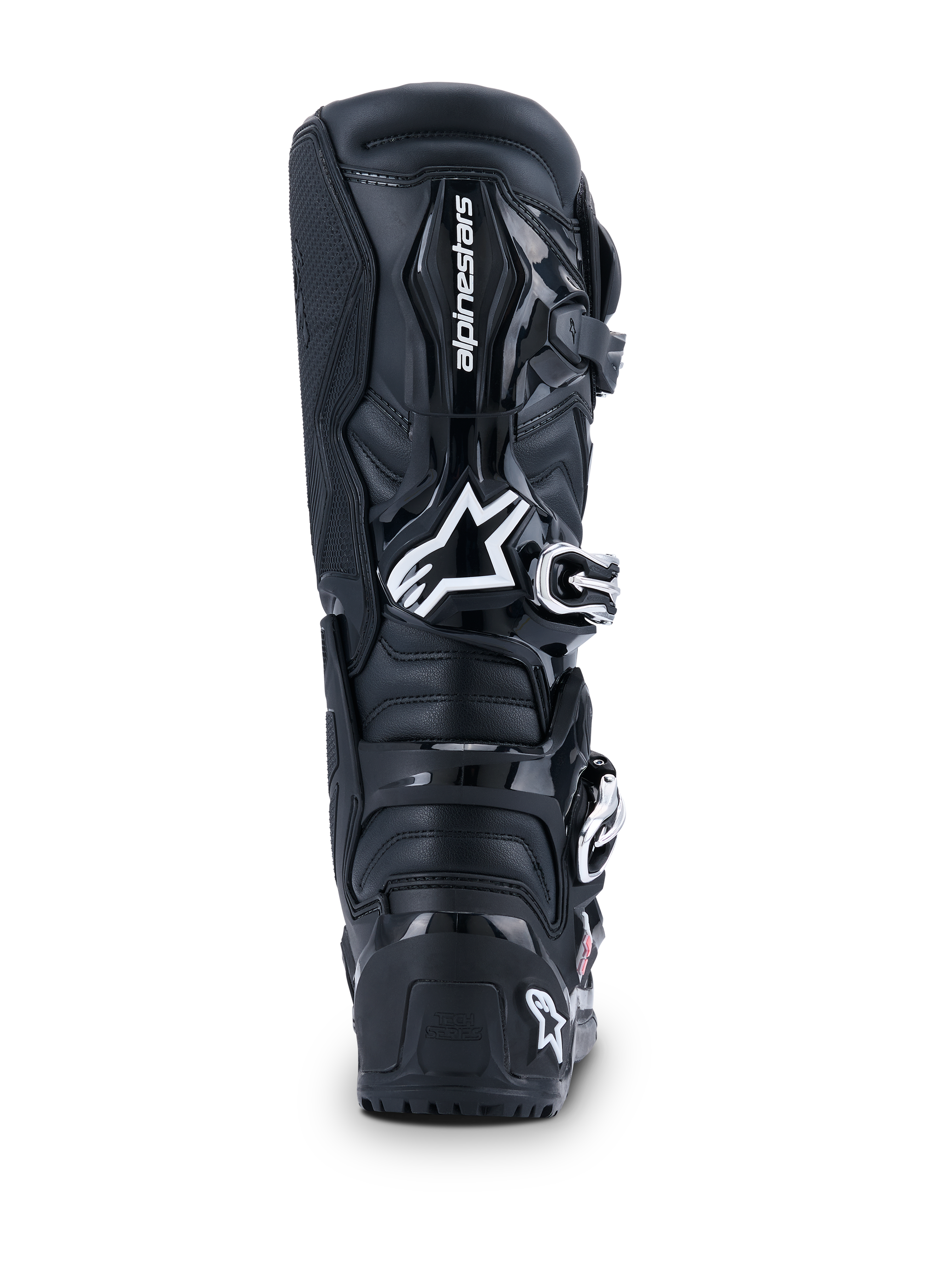 Botas Alpinestars 2026 Tech 7 Enduro Drystar®, botas de motocross, pretas, vista traseira com o logótipo Alpinestars a branco na panturrilha, painéis de proteção TPU duráveis e construção robusta para condução off-road e enduro