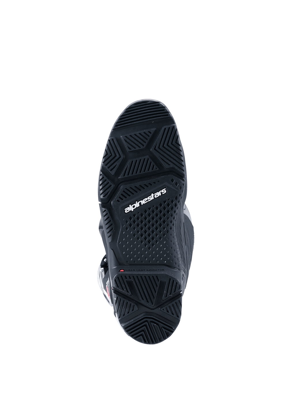 Botas Alpinestars 2026 Tech 7 Enduro Drystar®, pretas, vista inferior da sola enduro especializada de composto duplo, com padrões de rasto geométricos para aderência em todos os terrenos e logótipo Alpinestars a branco