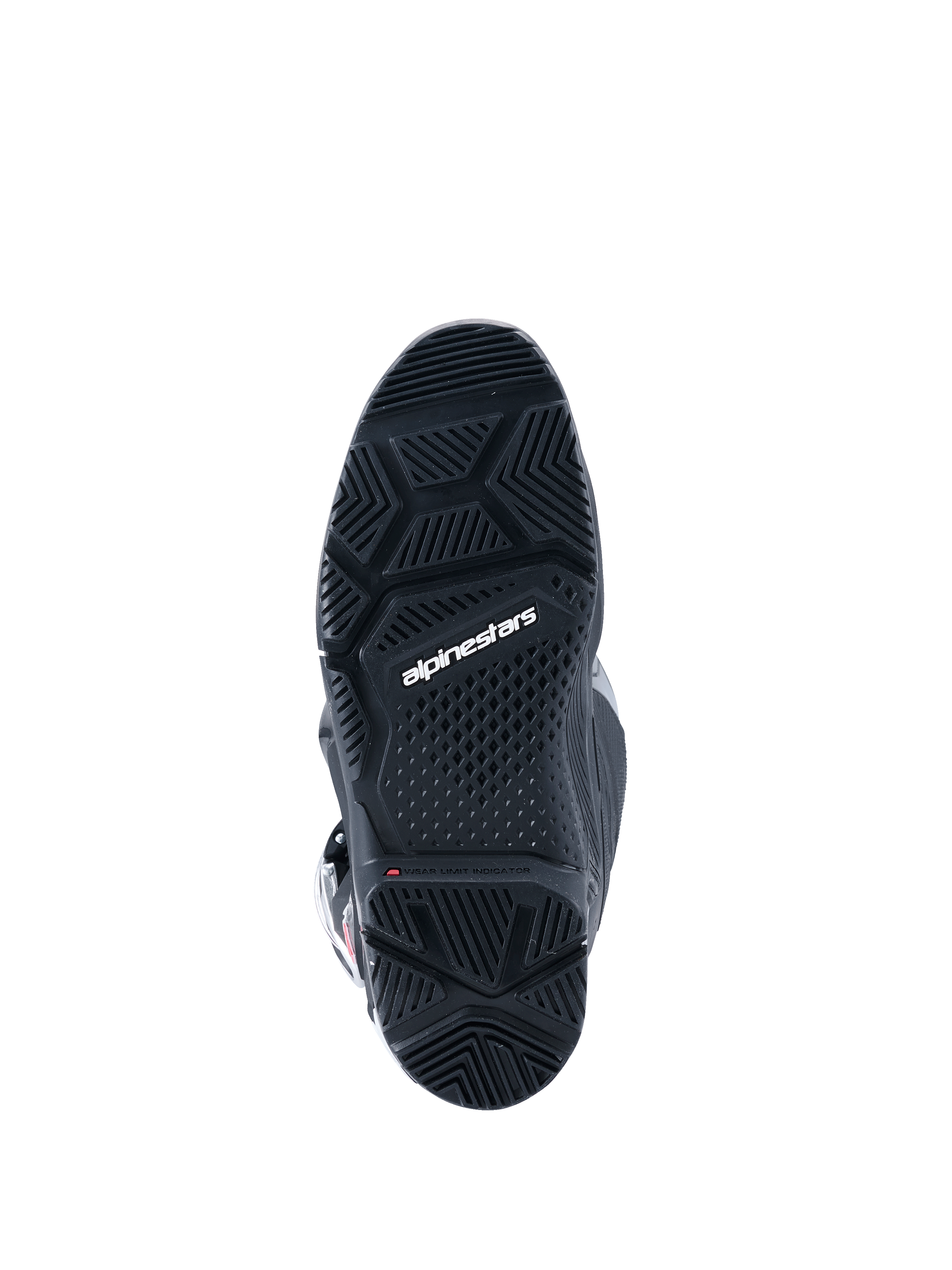 Botas Alpinestars 2026 Tech 7 Enduro Drystar®, pretas, vista inferior da sola enduro especializada de composto duplo, com padrões de rasto geométricos para aderência em todos os terrenos e logótipo Alpinestars a branco