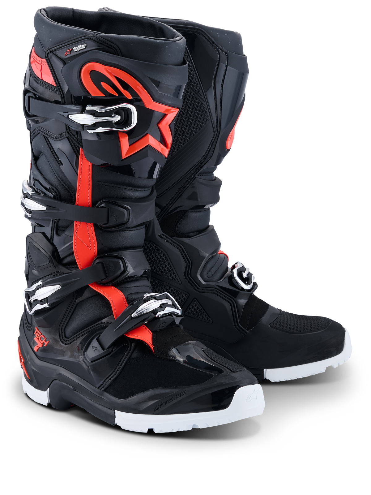 Botas Alpinestars 2026 Tech 7 Enduro Drystar®, botas de enduro e motocross, pretas, vermelho fluo e branco, com detalhes em vermelho fluorescente e o logótipo da estrela, múltiplos fechos de fivela e solas brancas duráveis para performance off-road