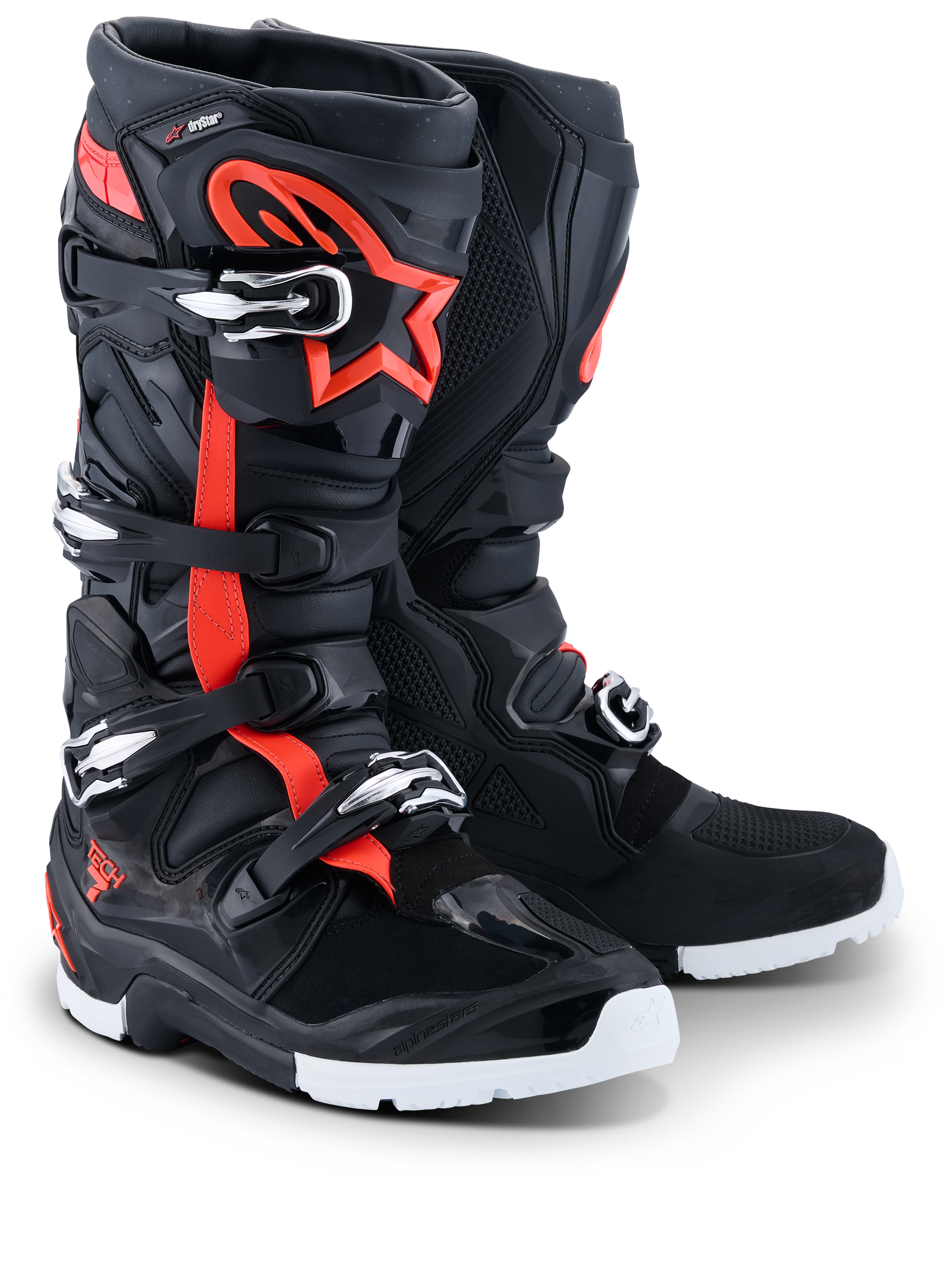 Botas Alpinestars 2026 Tech 7 Enduro Drystar®, botas de enduro e motocross, pretas, vermelho fluo e branco, com detalhes em vermelho fluorescente e o logótipo da estrela, múltiplos fechos de fivela e solas brancas duráveis para performance off-road