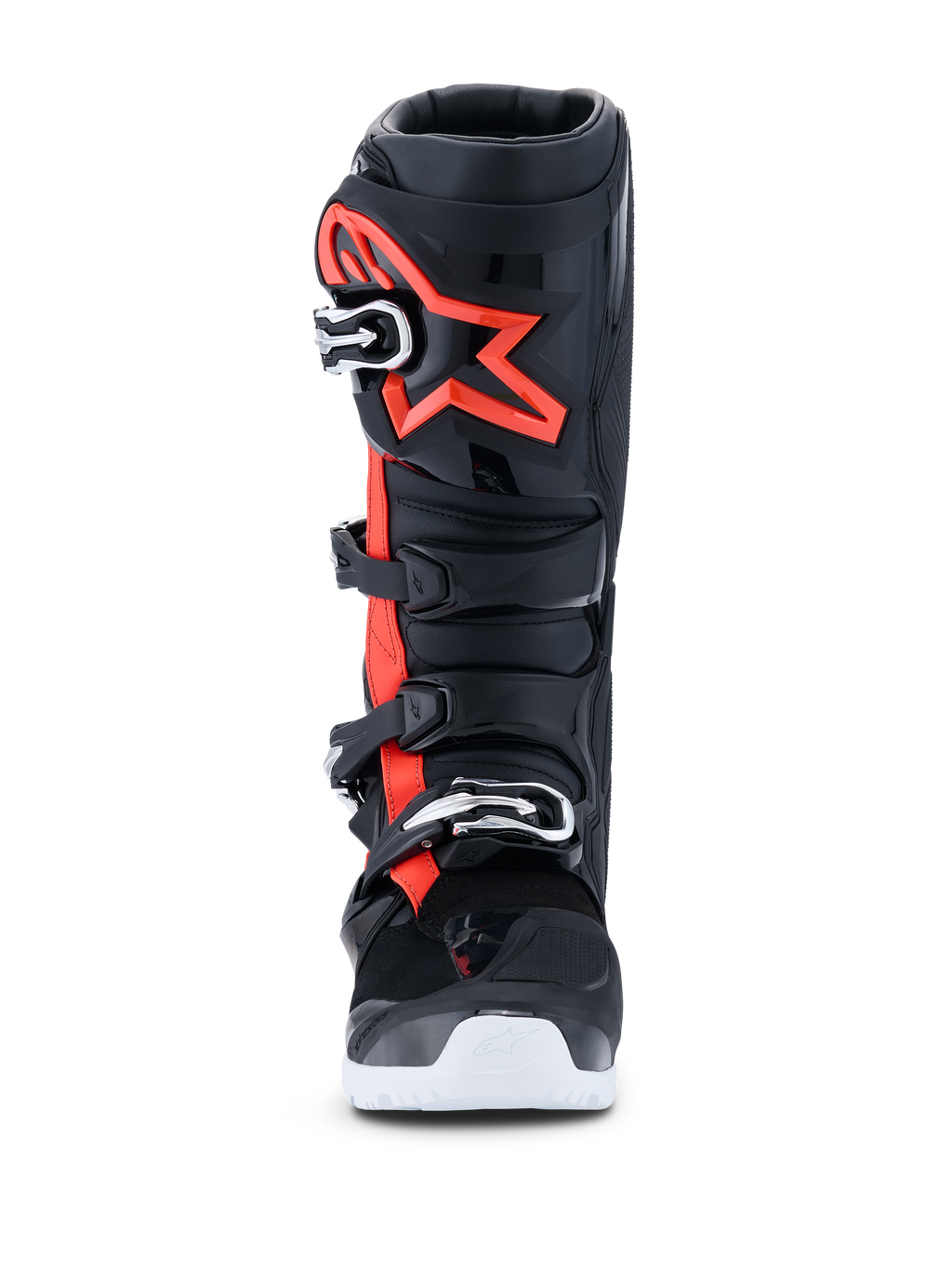 Botas Alpinestars 2026 Tech 7 Enduro Drystar®, botas de motocross e enduro, preto, vermelho fluorescente e branco, vista frontal, com sistema de fecho de quatro fivelas, placa de canela em TPU reforçada com um grande logótipo Alpinestars vermelho e sola branca, concebidas para desempenho impermeável em off-road.