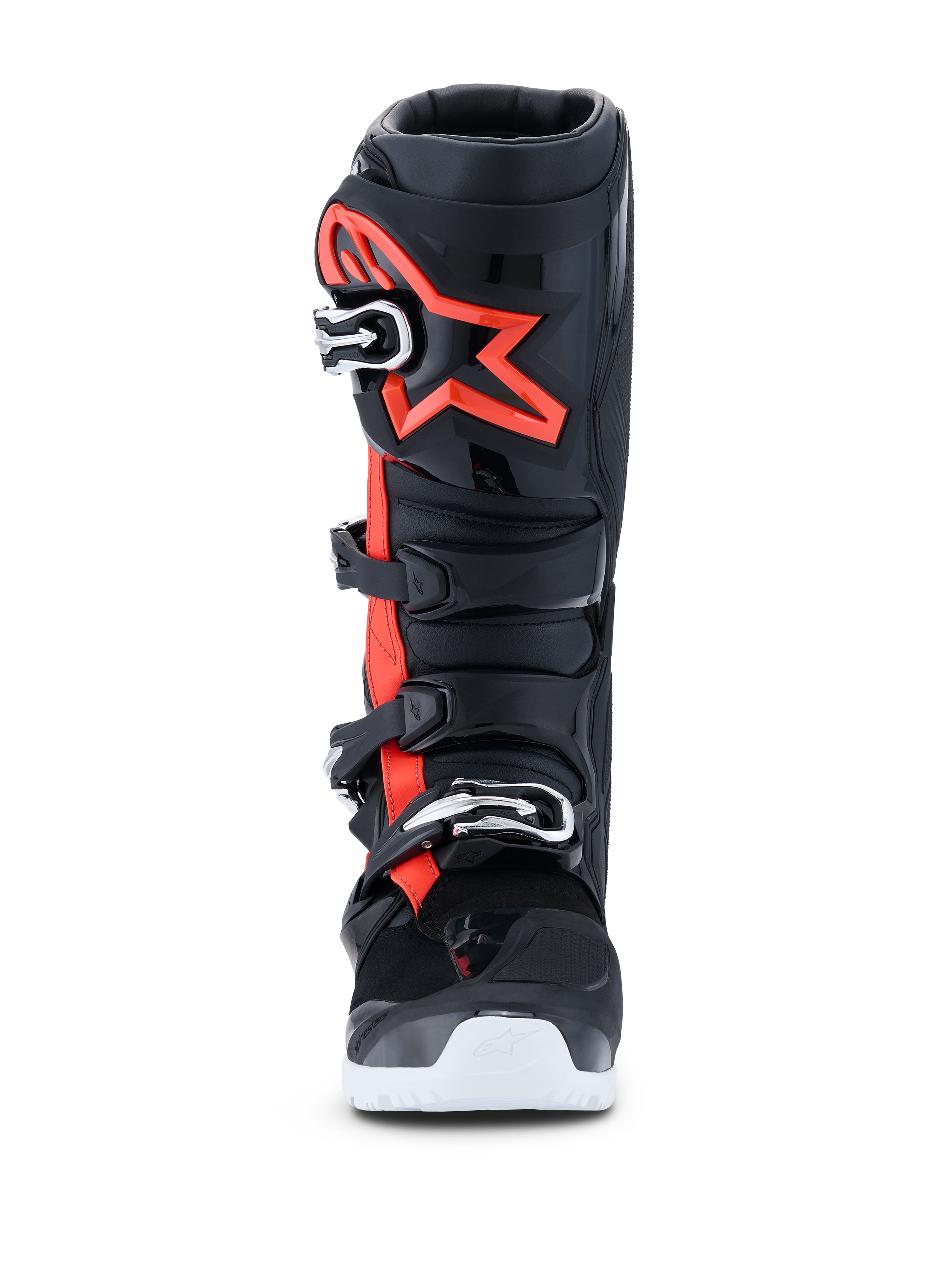 Botas Alpinestars 2026 Tech 7 Enduro Drystar®, botas de motocross e enduro, preto, vermelho fluorescente e branco, vista frontal, com sistema de fecho de quatro fivelas, placa de canela em TPU reforçada com um grande logótipo Alpinestars vermelho e sola branca, concebidas para desempenho impermeável em off-road.