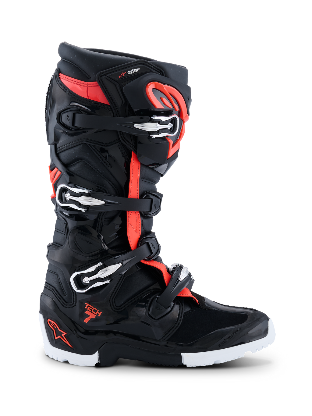 Botas Alpinestars 2026 Tech 7 Enduro Drystar®, calçado de motocross e enduro, preto, vermelho fluo e branco, perfil lateral mostrando quatro fivelas prateadas e pretas, estrutura reforçada em TPU e sola robusta específica de enduro em branco e preto, com a marca Drystar e logótipo Tech 7