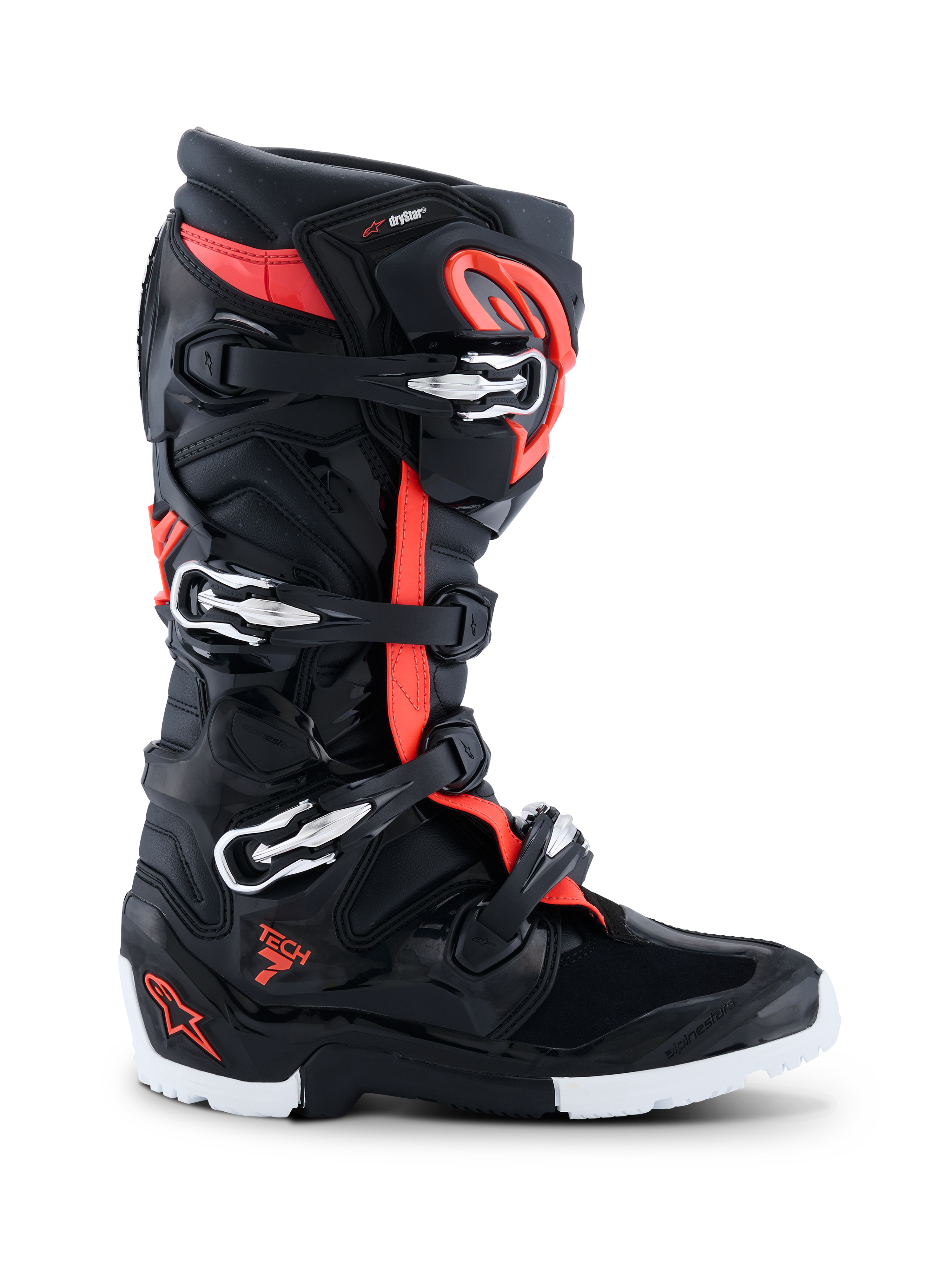Botas Alpinestars 2026 Tech 7 Enduro Drystar®, calçado de motocross e enduro, preto, vermelho fluo e branco, perfil lateral mostrando quatro fivelas prateadas e pretas, estrutura reforçada em TPU e sola robusta específica de enduro em branco e preto, com a marca Drystar e logótipo Tech 7