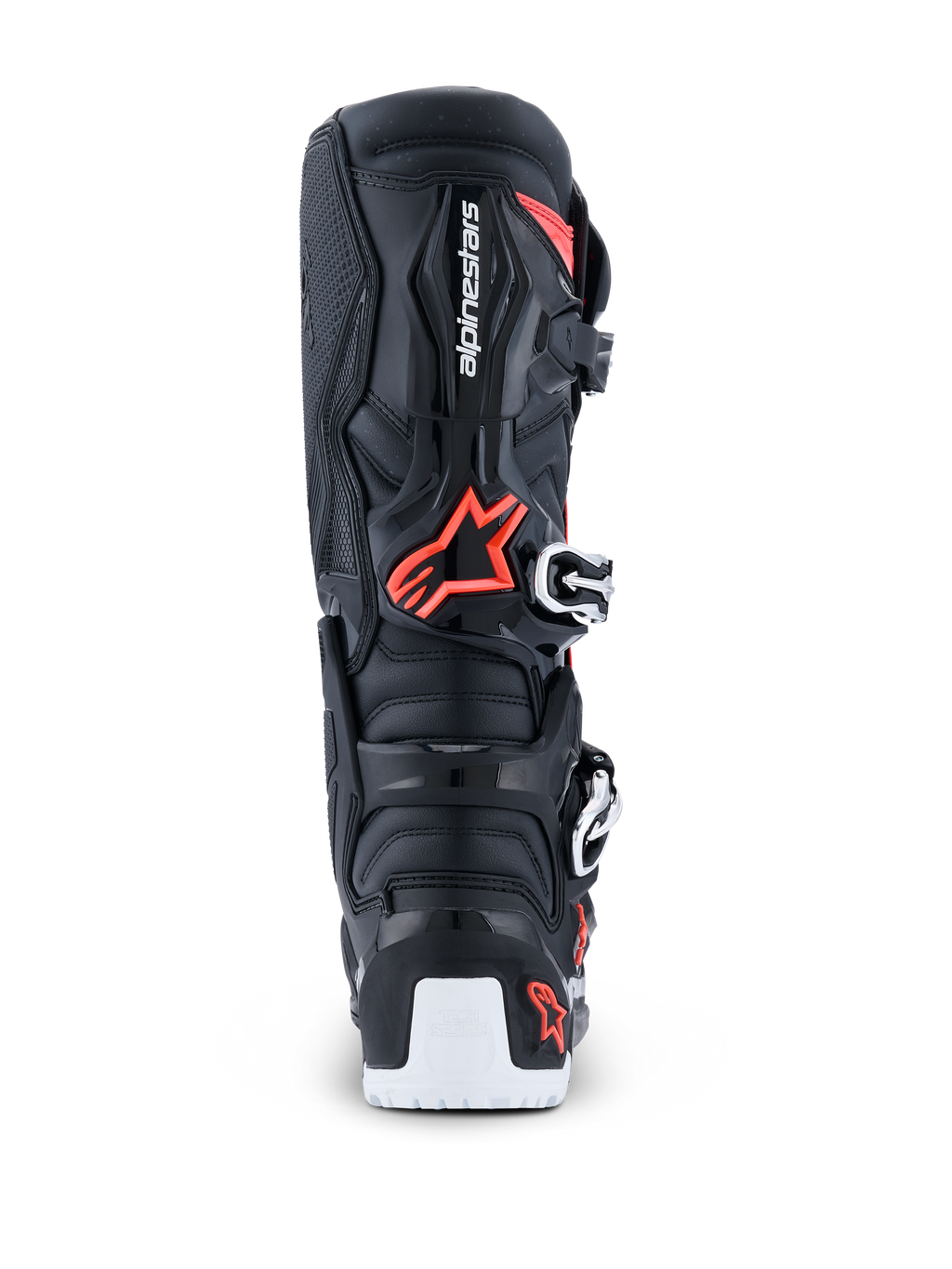 Botas Alpinestars 2026 Tech 7 Enduro Drystar®, botas de motocross e enduro, pretas, vermelho fluo e branco, vista traseira destacando a concha protetora em TPU, o logótipo Alpinestars, a área do pivô biomecânico e o reforço branco na sola inferior.
