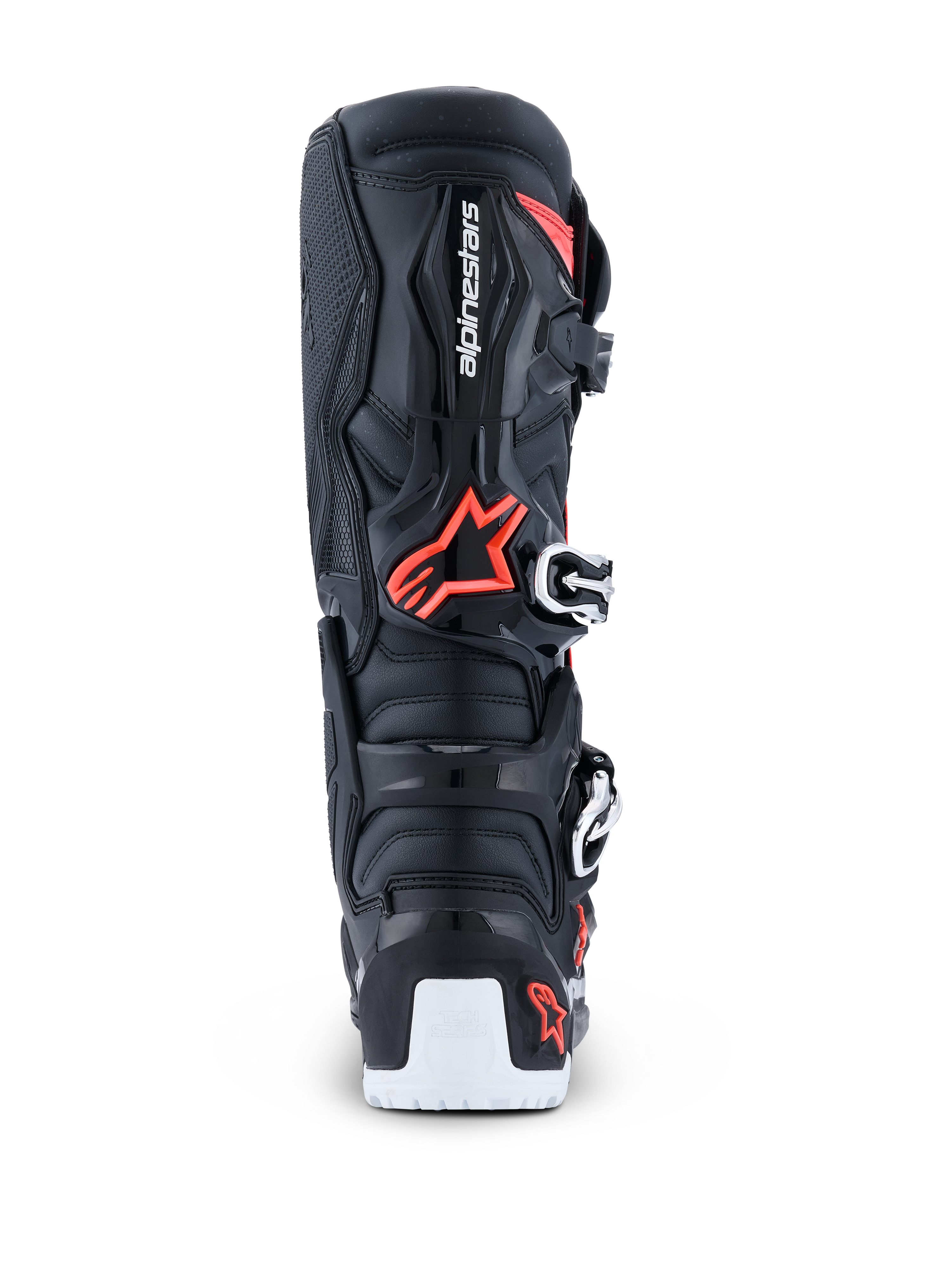 Botas Alpinestars 2026 Tech 7 Enduro Drystar®, botas de motocross e enduro, pretas, vermelho fluo e branco, vista traseira destacando a concha protetora em TPU, o logótipo Alpinestars, a área do pivô biomecânico e o reforço branco na sola inferior.