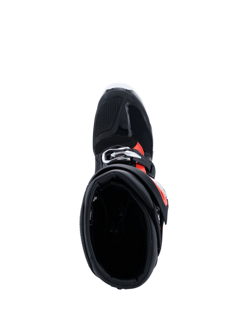 Botas Alpinestars 2026 Tech 7 Enduro Drystar®, Pretas, Vermelho Fluo e Branco, vista de cima para o interior do cano da bota, destacando a abertura de entrada ampla e o acolchoamento interior, calçado de proteção de enduro para condução off-road