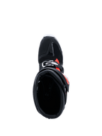 Botas Alpinestars 2026 Tech 7 Enduro Drystar®, Pretas, Vermelho Fluo e Branco, vista de cima para o interior do cano da bota, destacando a abertura de entrada ampla e o acolchoamento interior, calçado de proteção de enduro para condução off-road