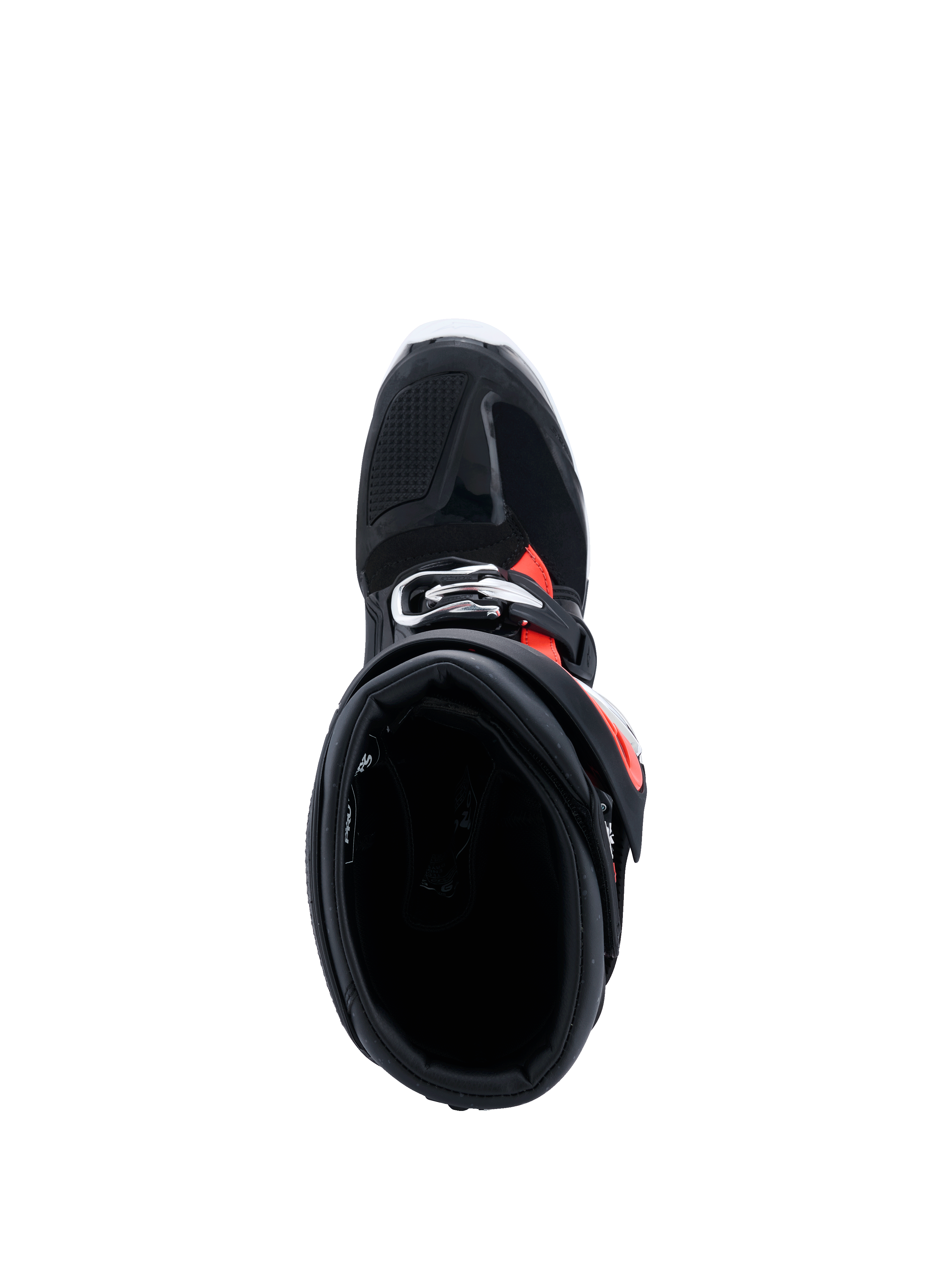 Botas Alpinestars 2026 Tech 7 Enduro Drystar®, Pretas, Vermelho Fluo e Branco, vista de cima para o interior do cano da bota, destacando a abertura de entrada ampla e o acolchoamento interior, calçado de proteção de enduro para condução off-road