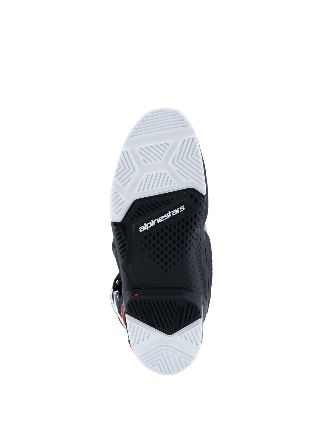 Botas Alpinestars 2026 Tech 7 Enduro Drystar®, vista da sola inferior, composto de borracha de dupla densidade em preto e branco, padrões de aderência geométricos texturizados, logótipo Alpinestars e indicador de limite de desgaste, concebidas para tração off-road e enduro