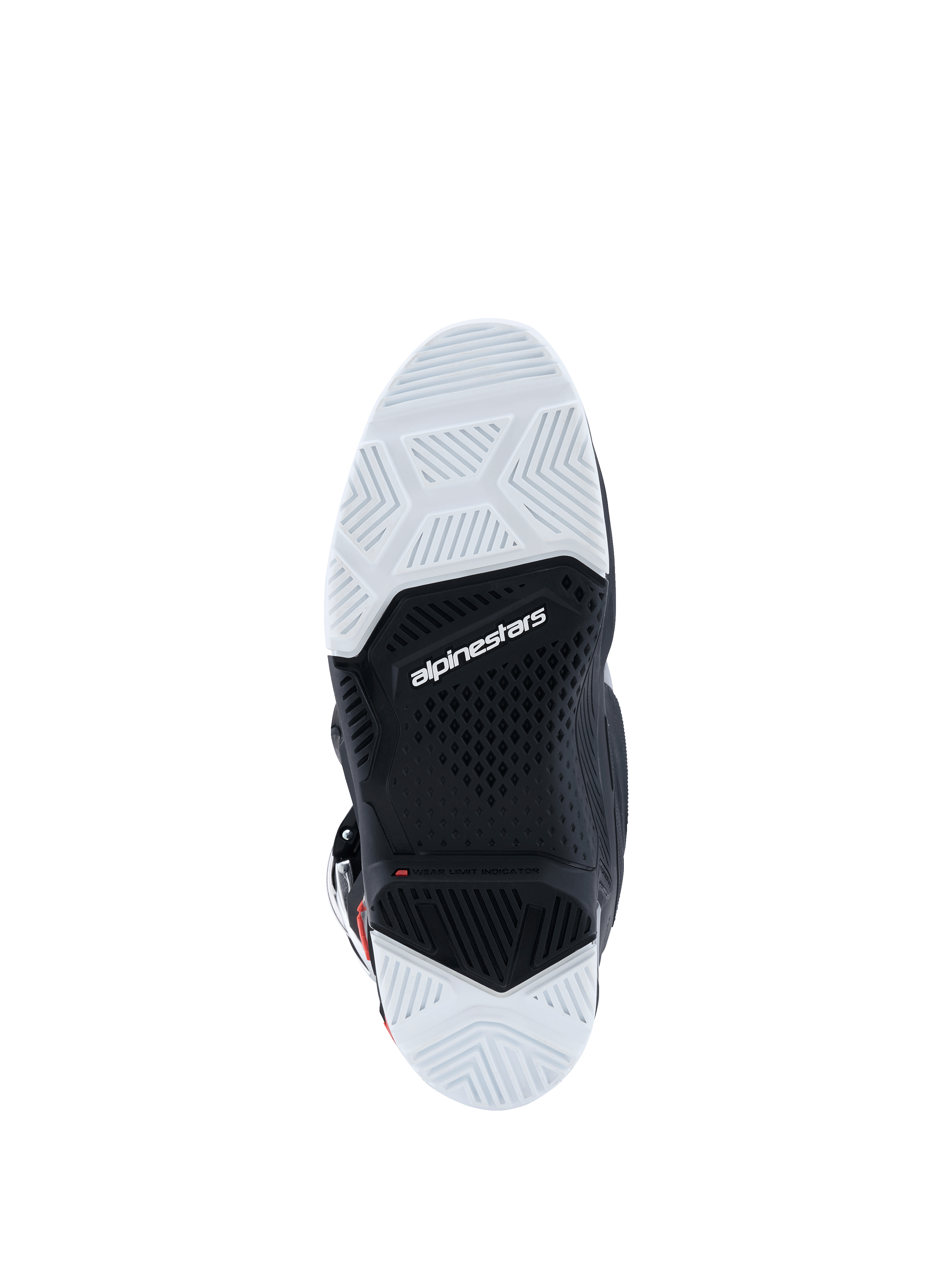 Botas Alpinestars 2026 Tech 7 Enduro Drystar®, vista da sola inferior, composto de borracha de dupla densidade em preto e branco, padrões de aderência geométricos texturizados, logótipo Alpinestars e indicador de limite de desgaste, concebidas para tração off-road e enduro