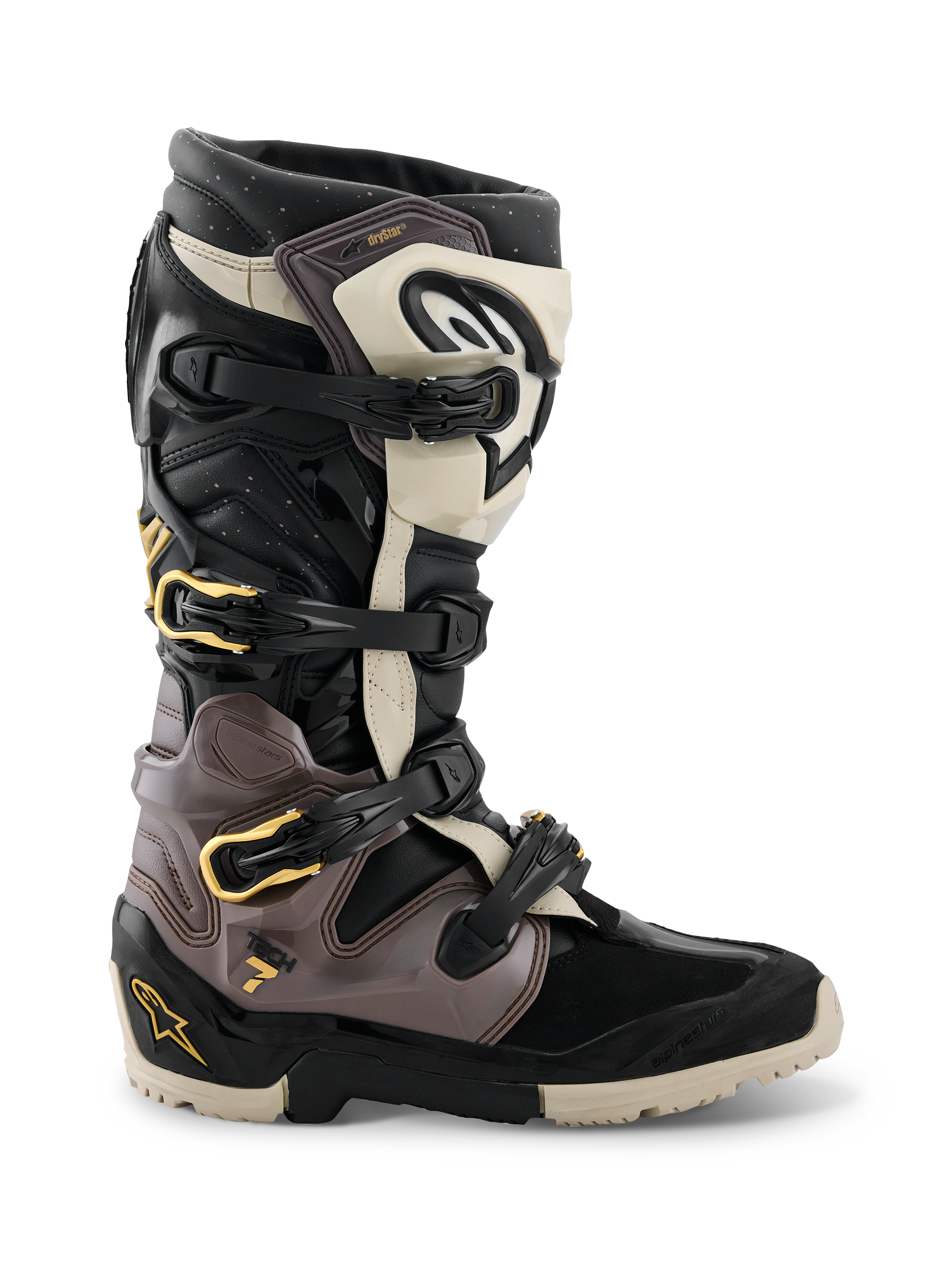 Alpinestars 2026 Tech 7 Enduro Drystar® Boots, botas de motocross e enduro, pretas, cinzento escuro e dourado, com um sistema de fecho de várias fivelas com detalhes dourados, sola robusta de composto duplo e painéis de proteção em TPU duráveis, calçado profissional de condução off-road