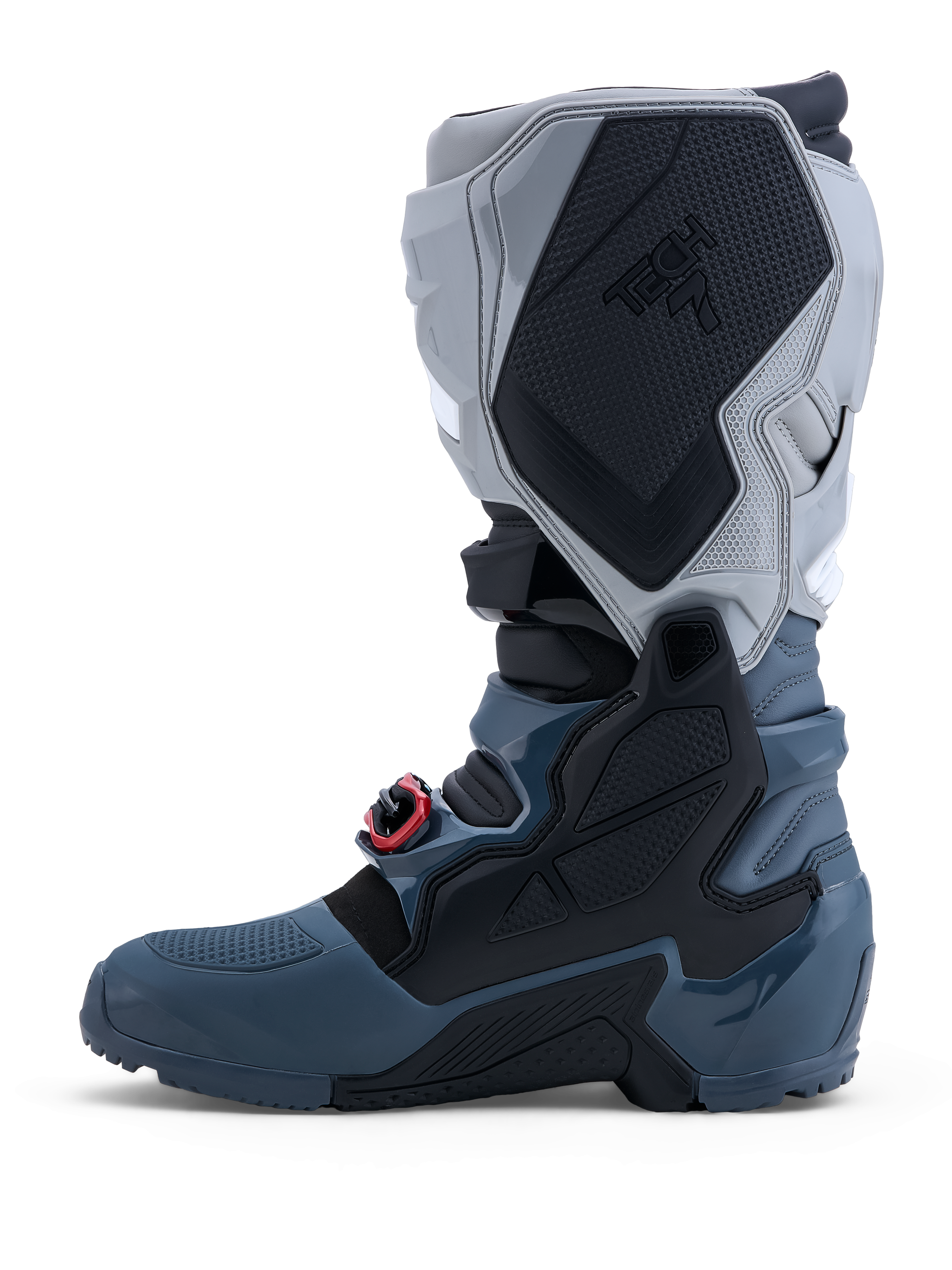 Botas Alpinestars Tech 7 Enduro Drystar 2027, botas de moto para todo-o-terreno, cinzentas e pretas com fivelas vermelhas, impermeáveis e certificadas CE