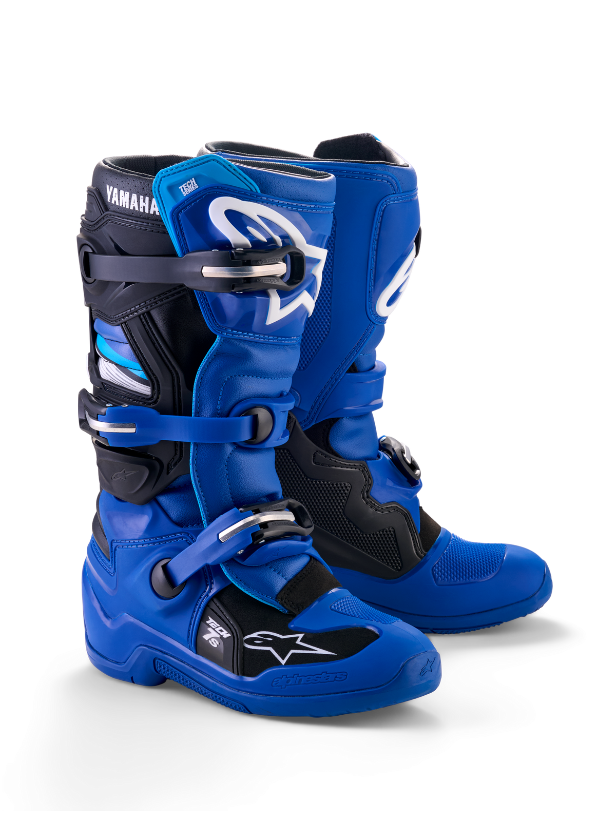 Botas Alpinestars Yamaha Youth Tech 7S, botas de motocross para jovens, azul, preto e branco, com sistema de fecho de várias fivelas, estrutura protetora em TPU e logótipos Alpinestars brancos com a marca Yamaha no cano
