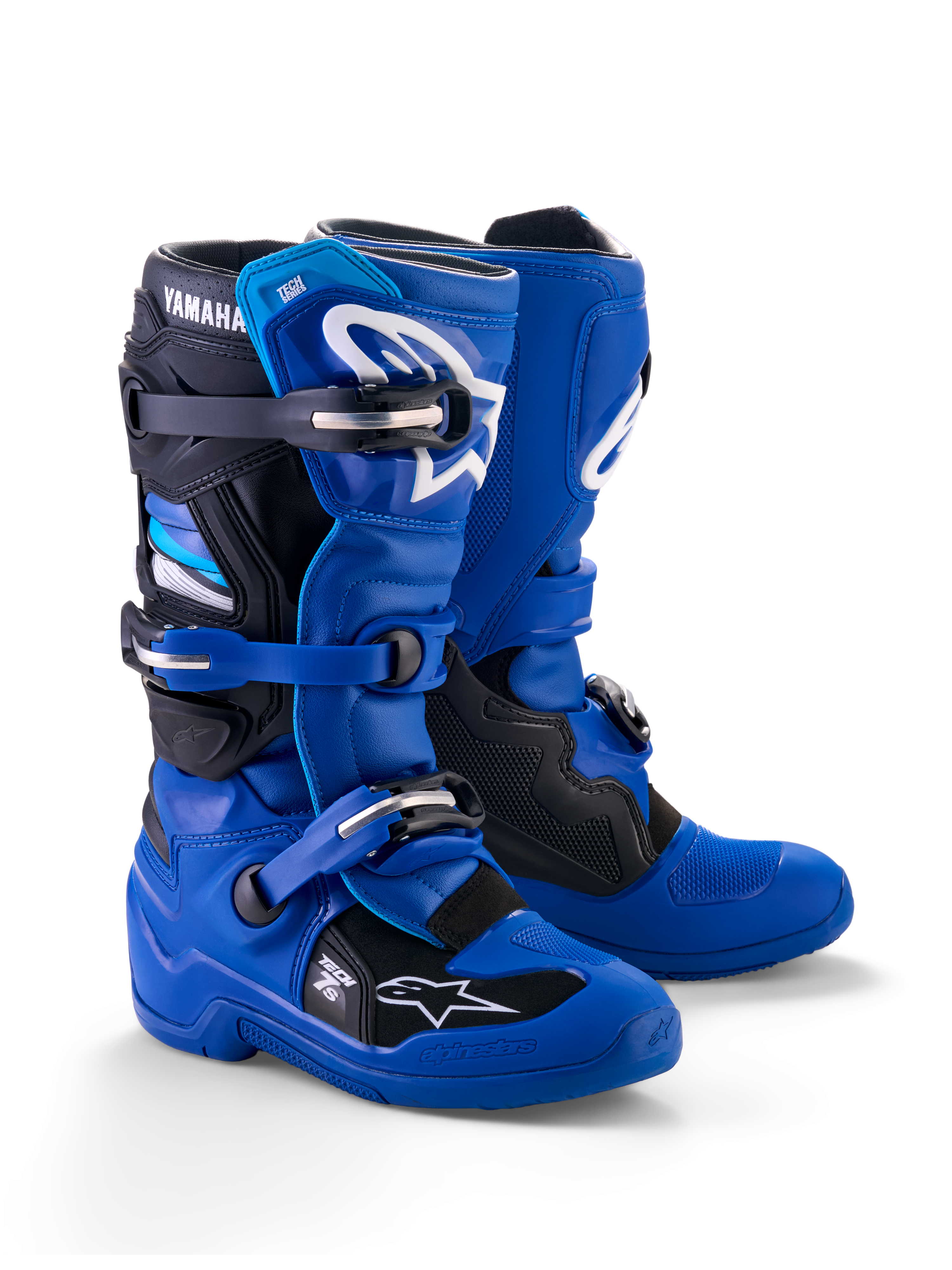 Alpinestars Yamaha Youth Tech 7S Boots, Motocross Boots, Blue Black and White, featuring a multi-buckle closure system, TPU protective shell, and white Alpinestars logos with Yamaha branding on the cuff