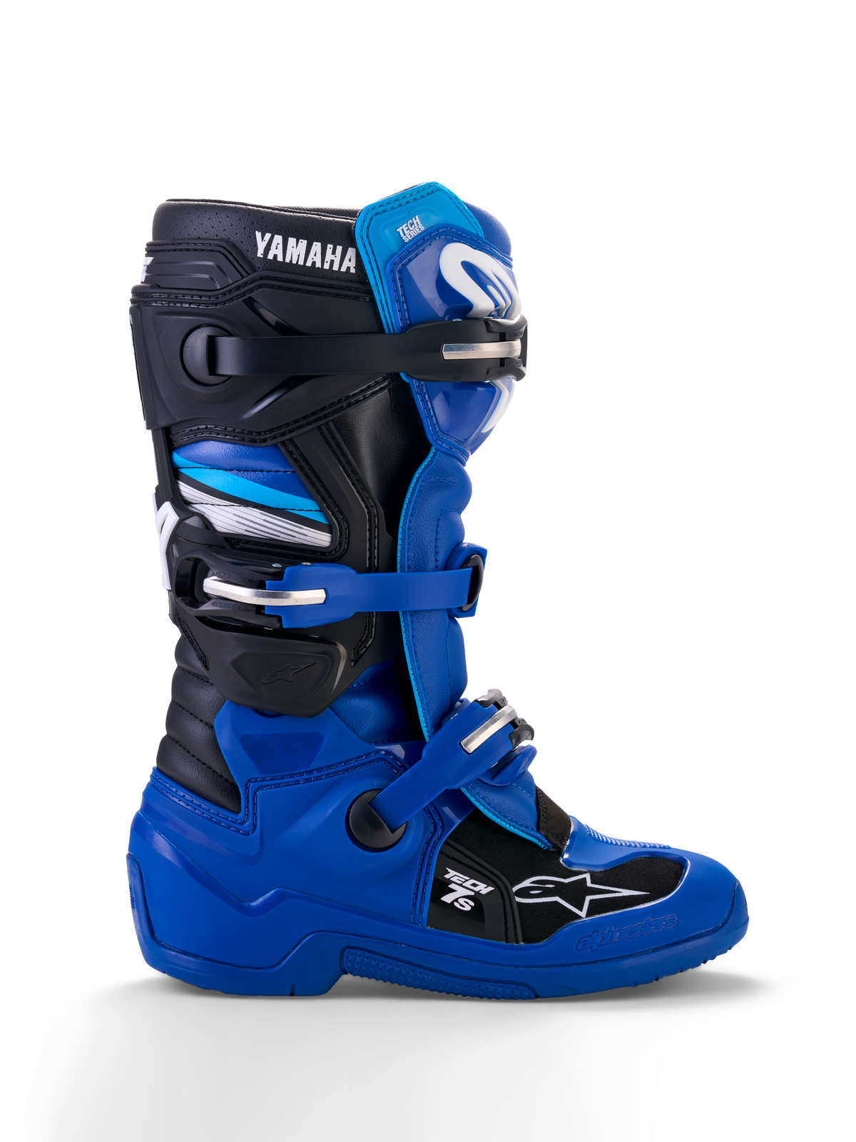 Botas Alpinestars Yamaha Youth Tech 7S, botas de motocross, azuis, pretas e brancas, vista de perfil lateral com fivelas ajustáveis, proteção em TPU, logótipo Yamaha e sola reforçada para performance todo-o-terreno
