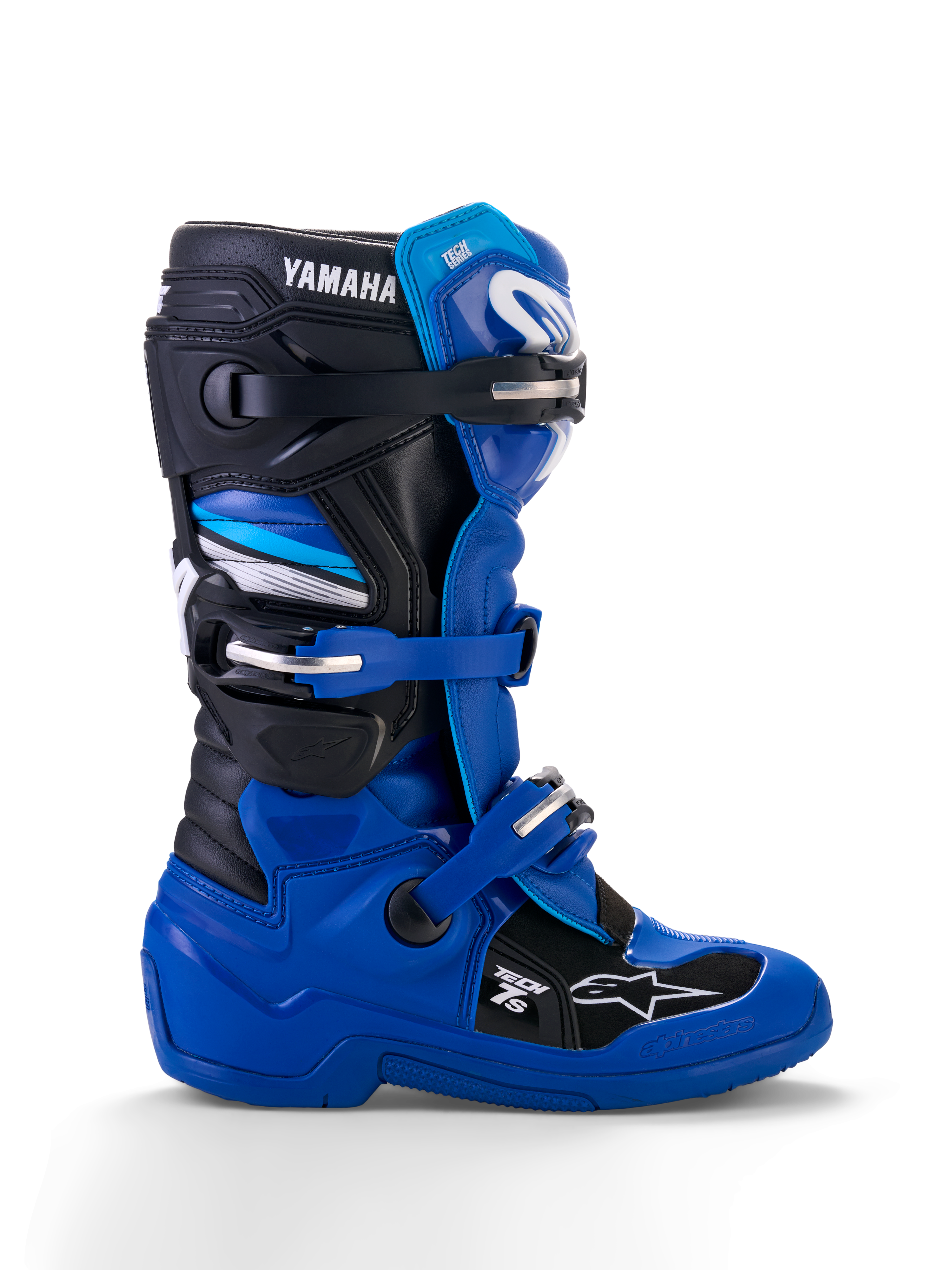 Botas Alpinestars Yamaha Youth Tech 7S, botas de motocross, azuis, pretas e brancas, vista de perfil lateral com fivelas ajustáveis, proteção em TPU, logótipo Yamaha e sola reforçada para performance todo-o-terreno