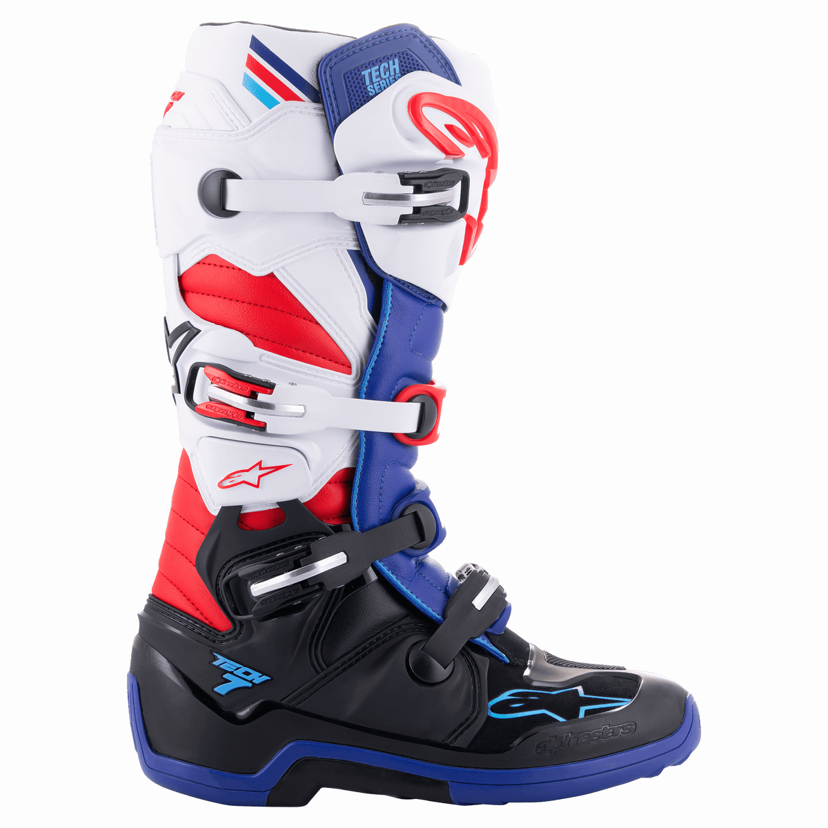 Botas Alpinestars Tech 7, botas de motocross e todo-o-terreno, em vermelho, branco, azul e preto, com quatro fivelas ajustáveis, painéis de proteção em TPU, sola de borracha durável e logótipo da estrela Alpinestars