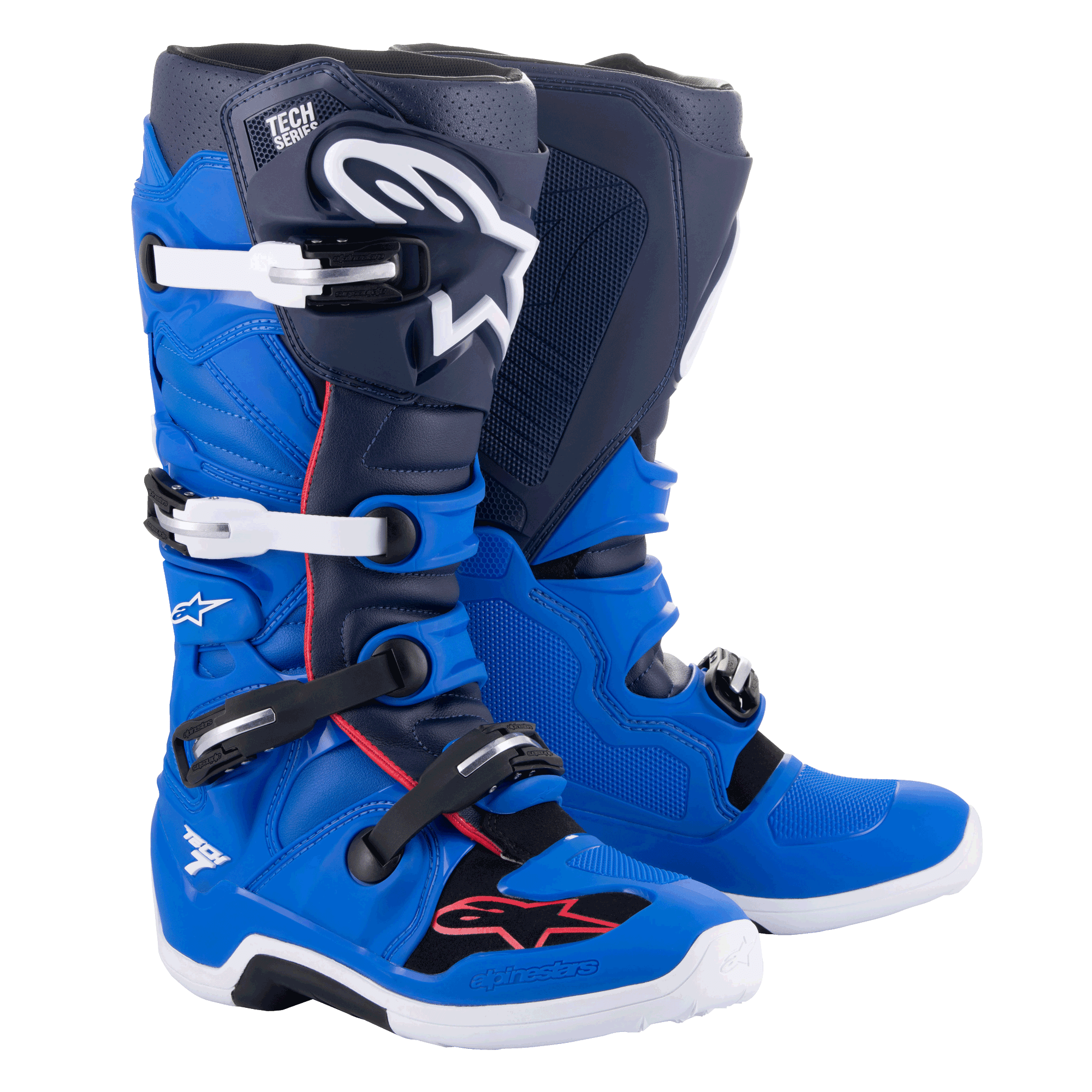 Botas Alpinestars Tech 7, botas de motocross, azul Alpine, azul marinho e vermelho brilhante, com fivelas de alumínio brancas e pretas, logótipo de estrela branco grande na canela e solas brancas resistentes, equipamento de proteção para corridas todo-o-terreno