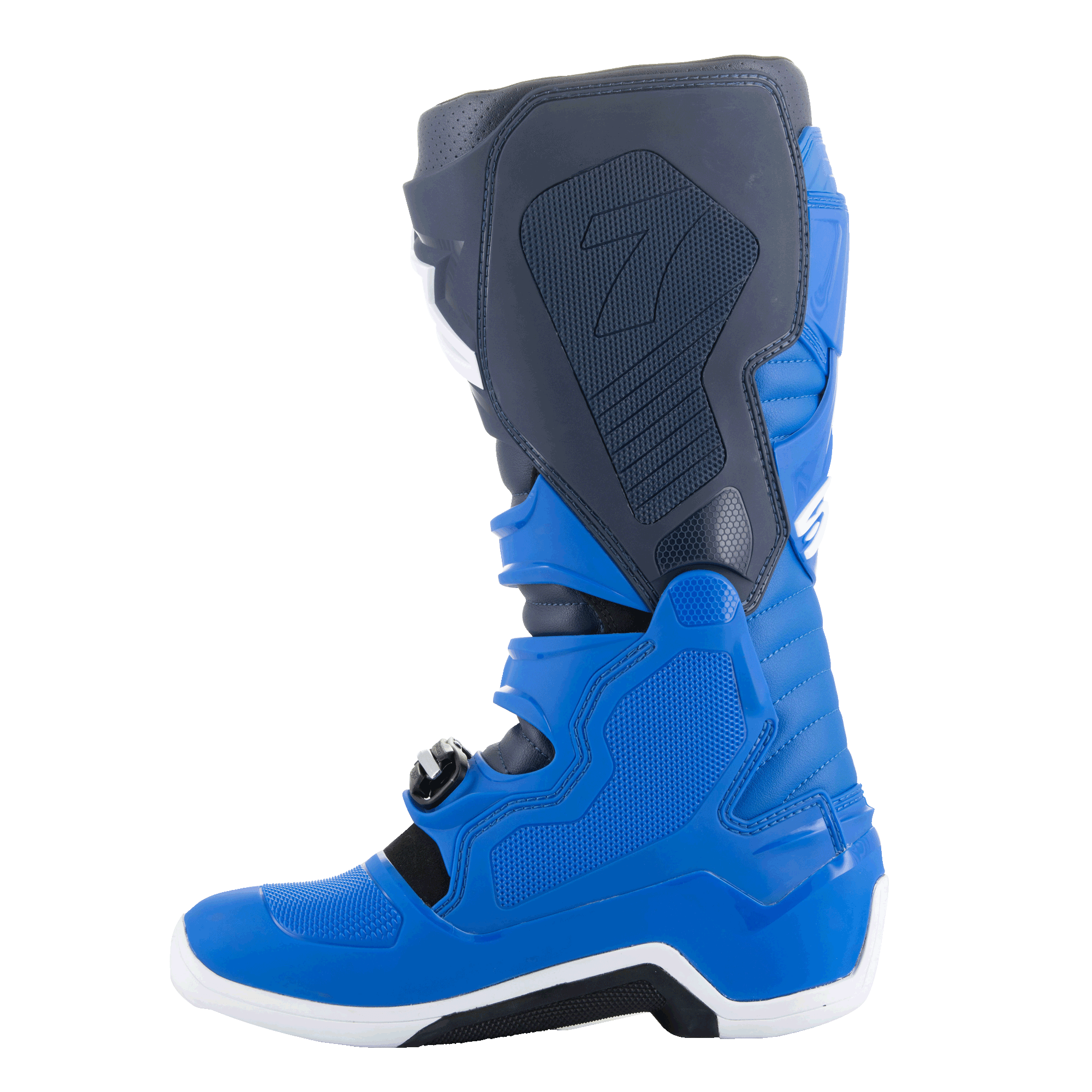 Botas Alpinestars Tech 7, botas de motocross, Alpine Blue, Night Navy e Bright Red, vista lateral medial apresentando painéis protetores de TPU e construção reforçada para corridas todo-o-terreno