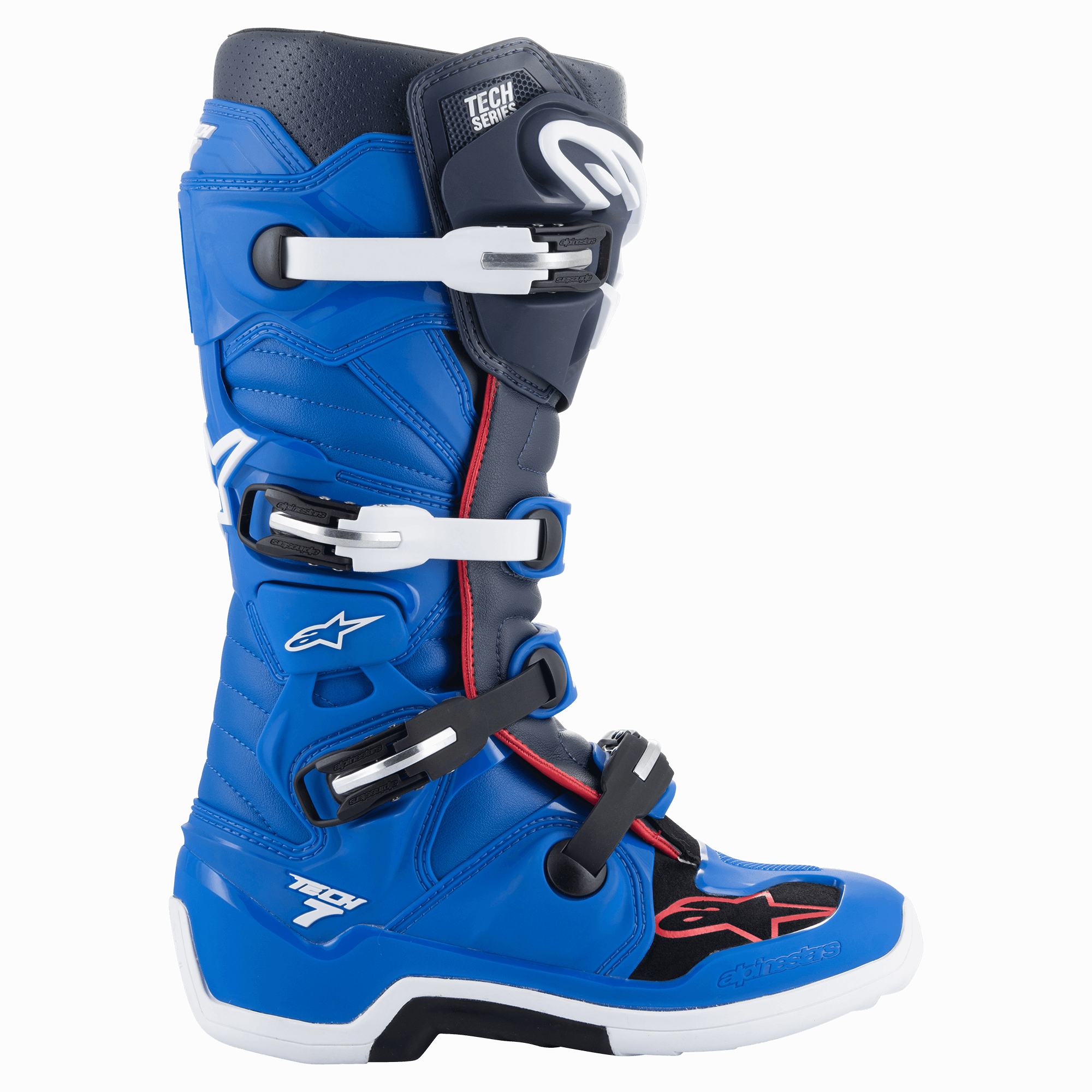 Botas Alpinestars Tech 7, botas de motocross, azul alpino, azul-marinho e vermelho vivo, design de cano alto com sistema de fecho de quatro fivelas, fivelas brancas e pretas, sola branca com secção central preta, detalhes em vermelho e marca Alpinestars, proteção profissional para todo-o-terreno