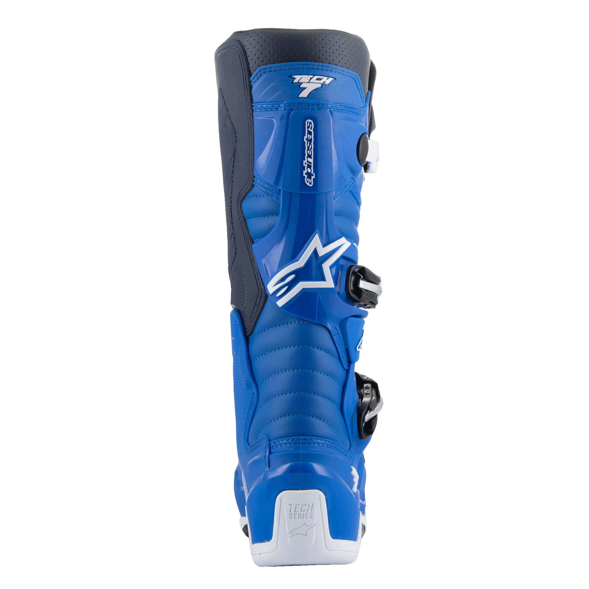 Alpinestars Tech 7 Boots, botas de motocross, azul Alpine e Night Navy com detalhes em branco, vista traseira mostrando o protetor de panturrilha contornado, reforço de calcanhar branco com o logótipo Tech Series e detalhes do sistema de fivelas de entrada lateral.