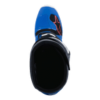 Botas Alpinestars Tech 7, botas de motocross, azul Alpine Blue Night Navy e vermelho vivo, vista superior para o interior da bota, apresentando uma biqueira azul com logótipo de estrela vermelho e forro preto, calçado profissional de competição todo-o-terreno