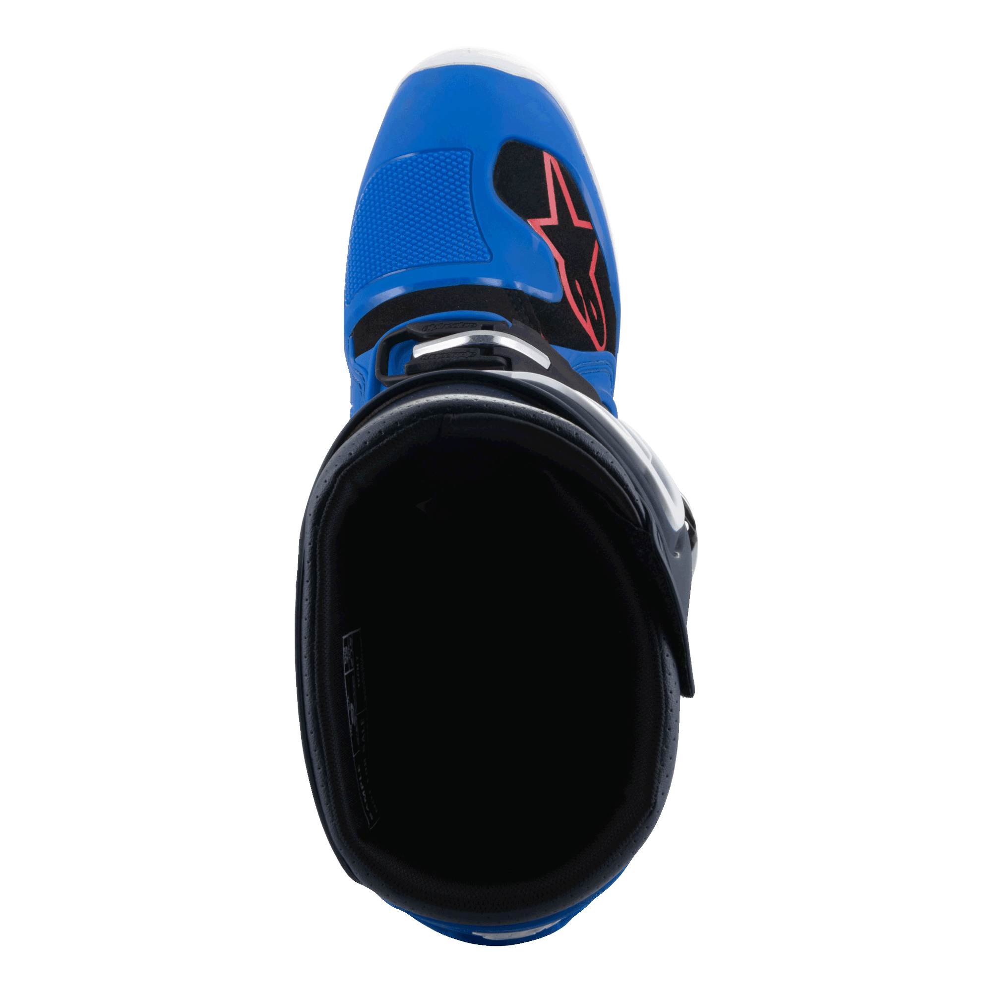Botas Alpinestars Tech 7, botas de motocross, azul Alpine Blue Night Navy e vermelho vivo, vista superior para o interior da bota, apresentando uma biqueira azul com logótipo de estrela vermelho e forro preto, calçado profissional de competição todo-o-terreno