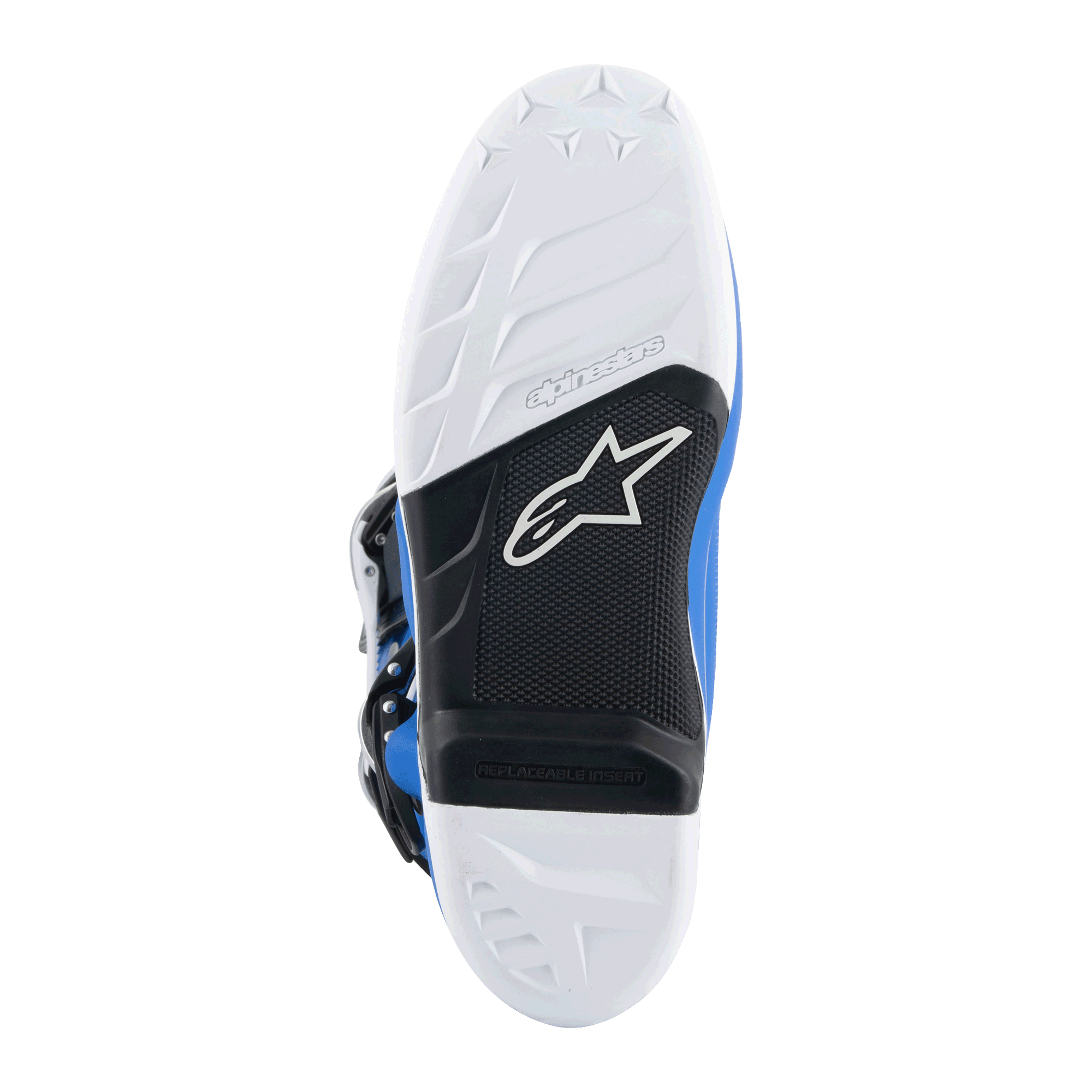 Botas Alpinestars Tech 7, botas de motocross, azul Alpine e branco, vista inferior da sola com padrão de aderência branco, arco preto com inserto de apoio para os pés substituível e logótipo Alpinestars, composto durável para competições todo-o-terreno
