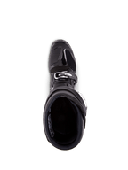 Botas Alpinestars Tech 7, botas de motocross, pretas, vista superior para o interior do forro, com fecho de fivela prateada e zona dos dedos reforçada, calçado profissional de corrida todo-o-terreno