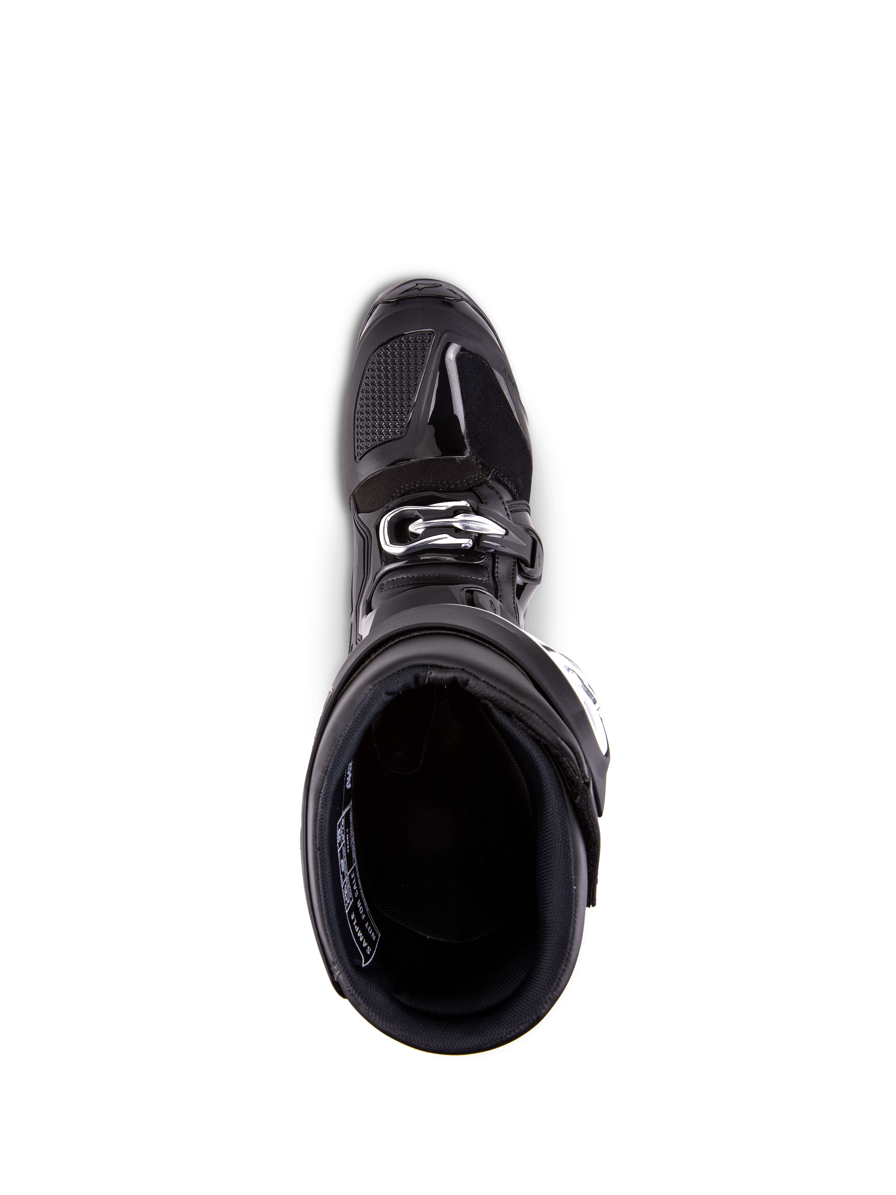 Botas Alpinestars Tech 7, botas de motocross, pretas, vista superior para o interior do forro, com fecho de fivela prateada e zona dos dedos reforçada, calçado profissional de corrida todo-o-terreno