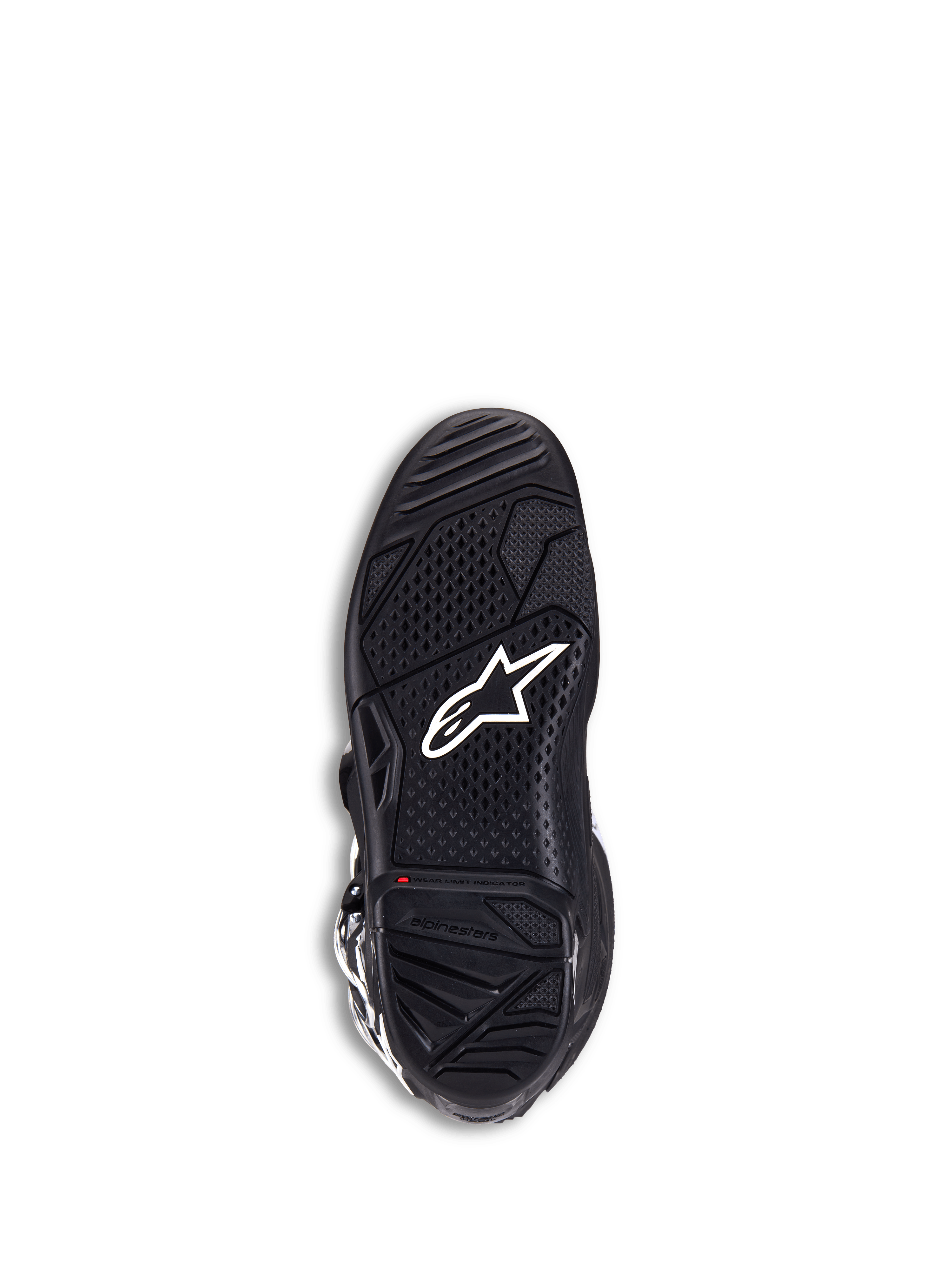 Botas Alpinestars Tech 7, botas de motocross, pretas, vista da sola com logótipo da estrela branco, borracha de duplo composto texturizada para máxima aderência, indicador de limite de desgaste vermelho