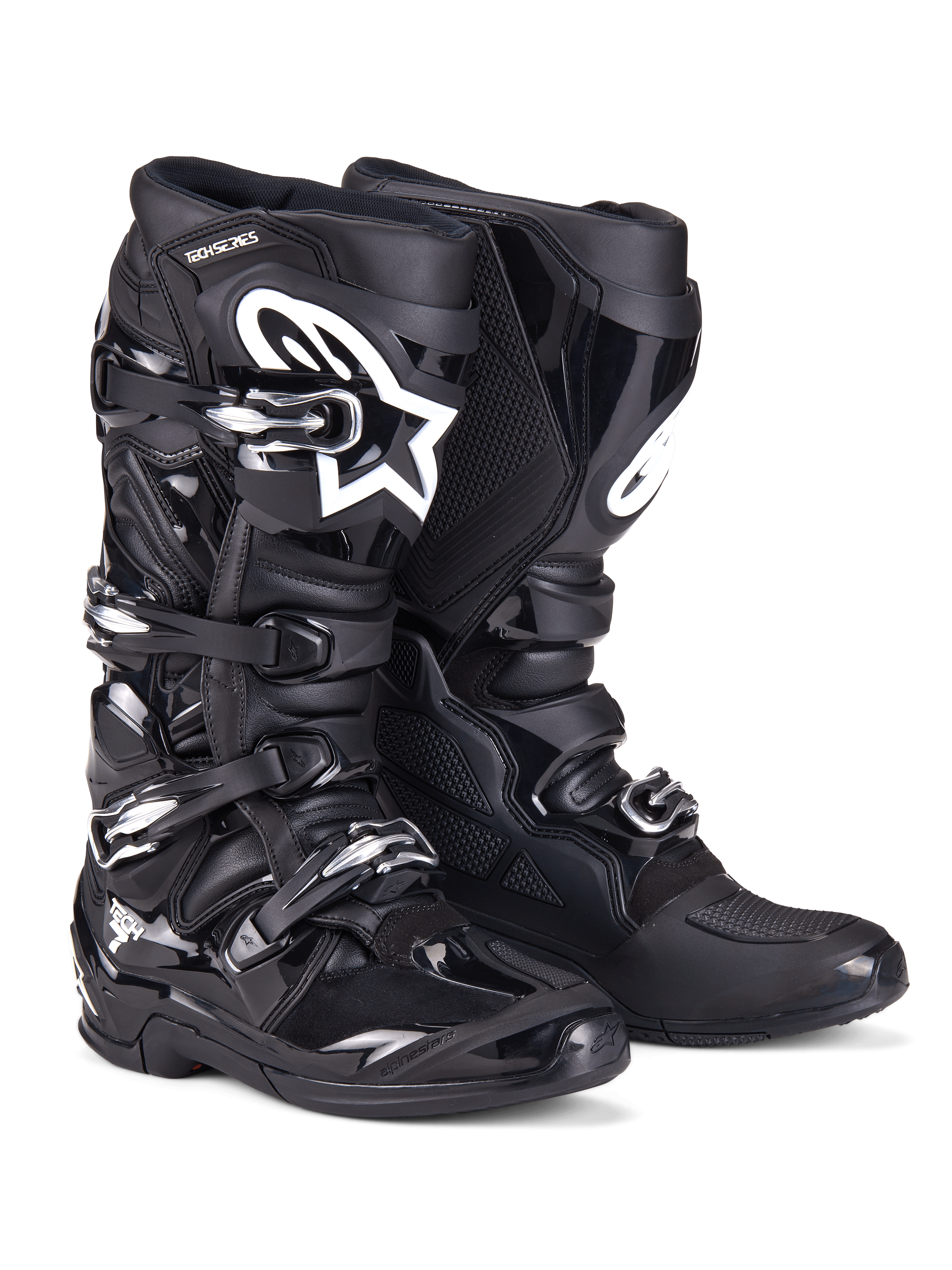 Botas Alpinestars Tech 7, botas de motocross, pretas, com uma construção robusta, sistema de fecho de quatro fivelas, painéis de proteção em TPU e logótipo Alpinestars branco na zona da canela, calçado profissional de todo-o-terreno para corridas em terra