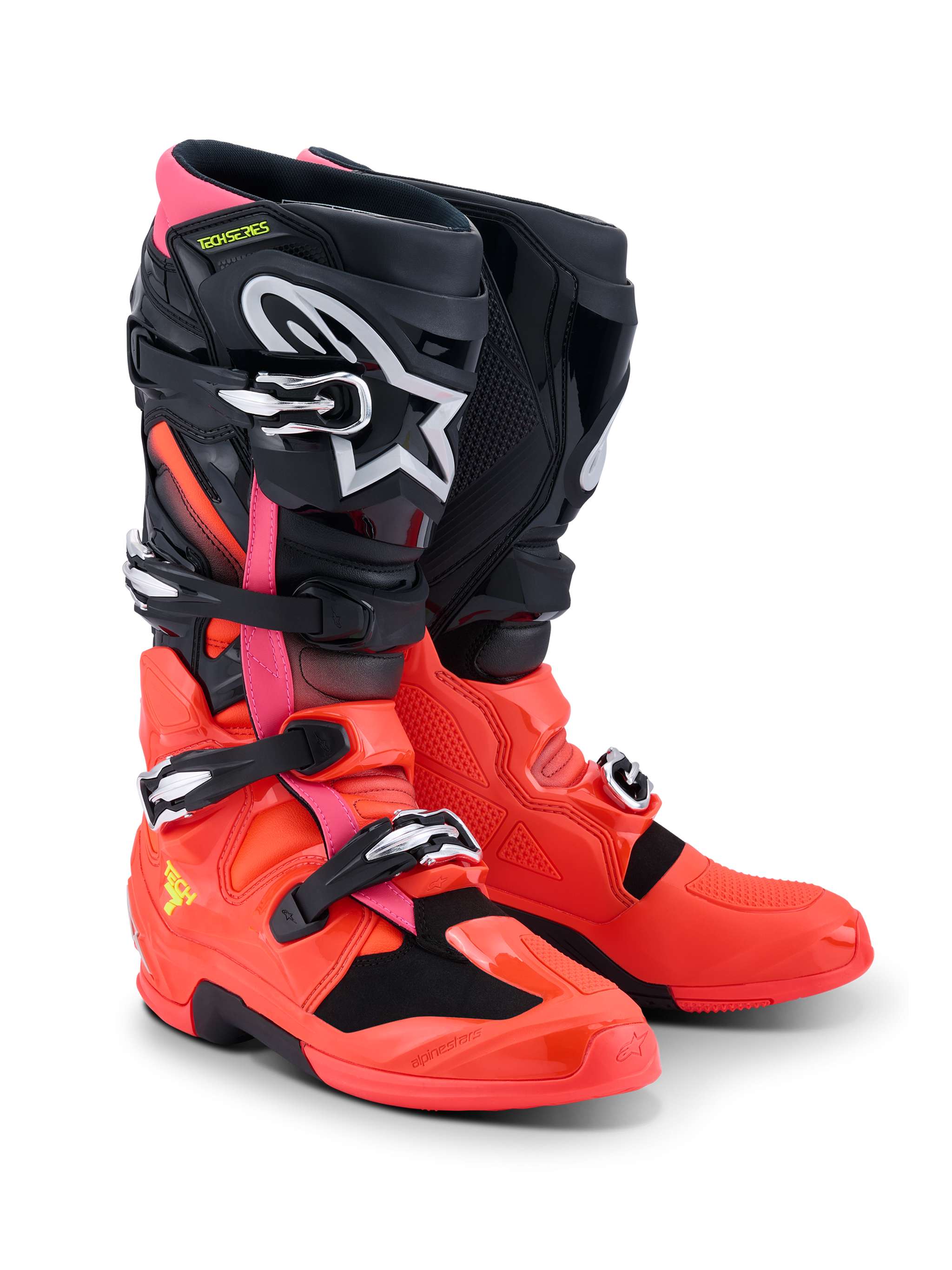 Botas Alpinestars Tech 7, botas de motocross, pretas, vermelho fluo e rosa fluo, com fivelas de libertação rápida, sistema de pivô duplo e concha protetora em TPU, equipamento de performance durável para condução off-road