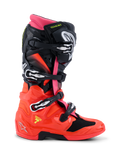 Alpinestars Tech 7 Boots, Motocross Boots, Black Red Fluo and Pink Fluo, side profile showing technical design with quick-release buckles, glossy TPU lower shell, and dual-pivot system for off-road racing.