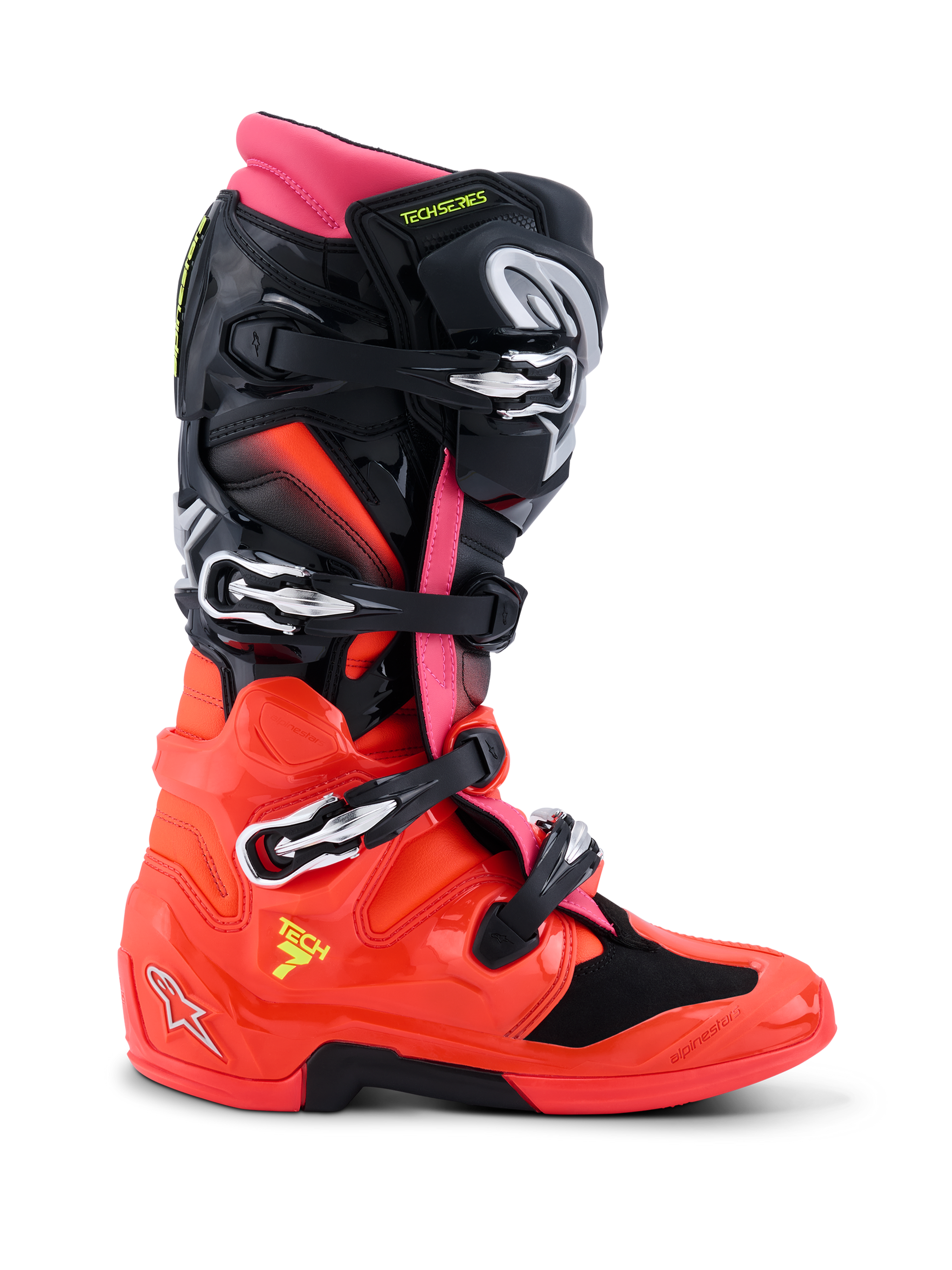 Botas Alpinestars Tech 7, botas de motocross, preto, vermelho fluorescente e rosa fluorescente, perfil lateral com design técnico, fivelas de libertação rápida, concha inferior em TPU brilhante e sistema de pivô duplo para competição off-road