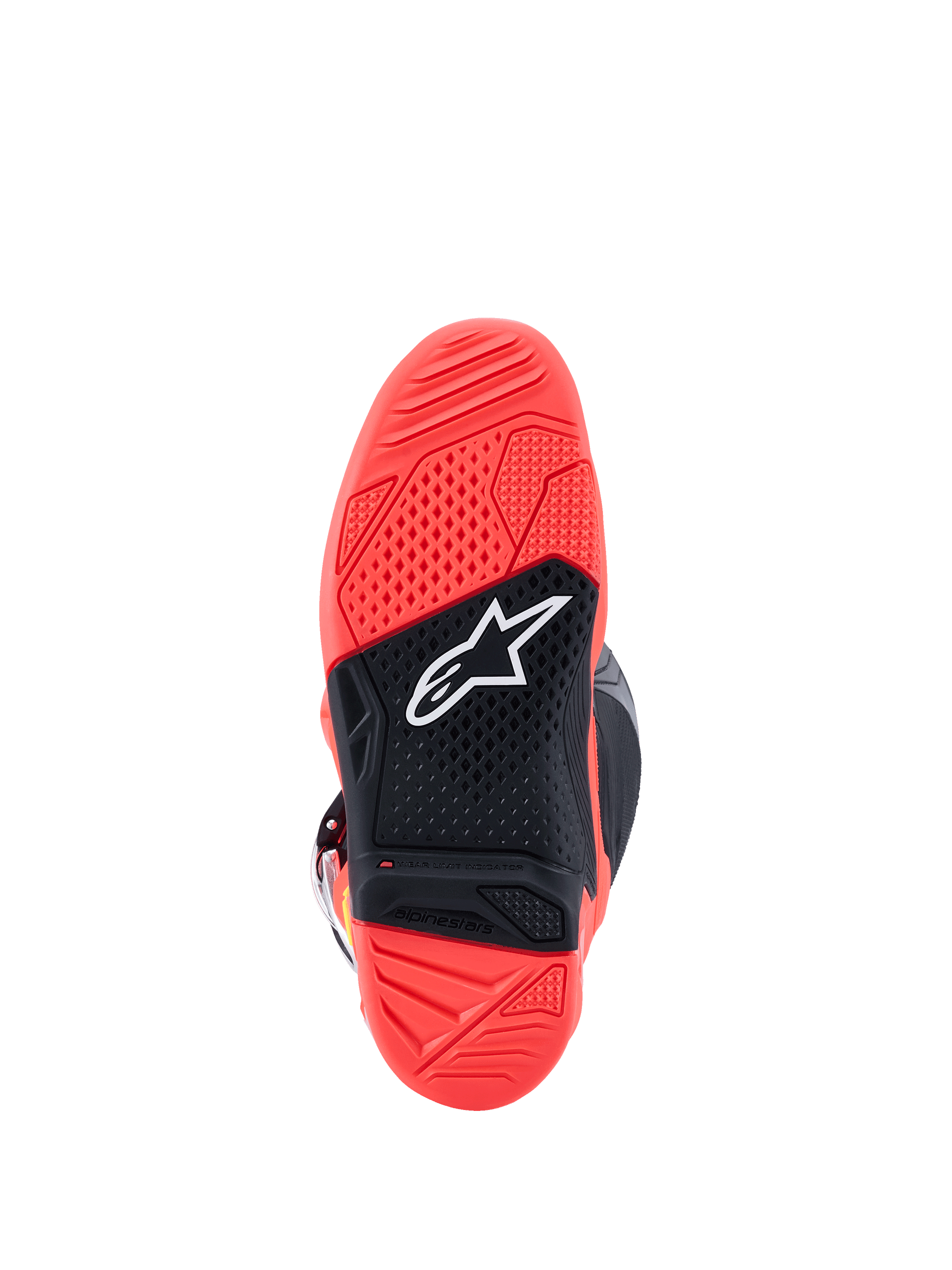 Botas Alpinestars Tech 7, vista da sola, em vermelho fluorescente brilhante e preto, com sola de borracha de composto duplo texturizada, logótipo de estrela Alpinestars branco e indicador de limite de desgaste