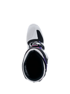 Botas Alpinestars Tech 7, vista superior da abertura da bota, cinzento claro e preto com detalhes em roxo e magenta, mostrando o acolchoamento interior, o sistema de fivelas e a biqueira reforçada para corridas off-road