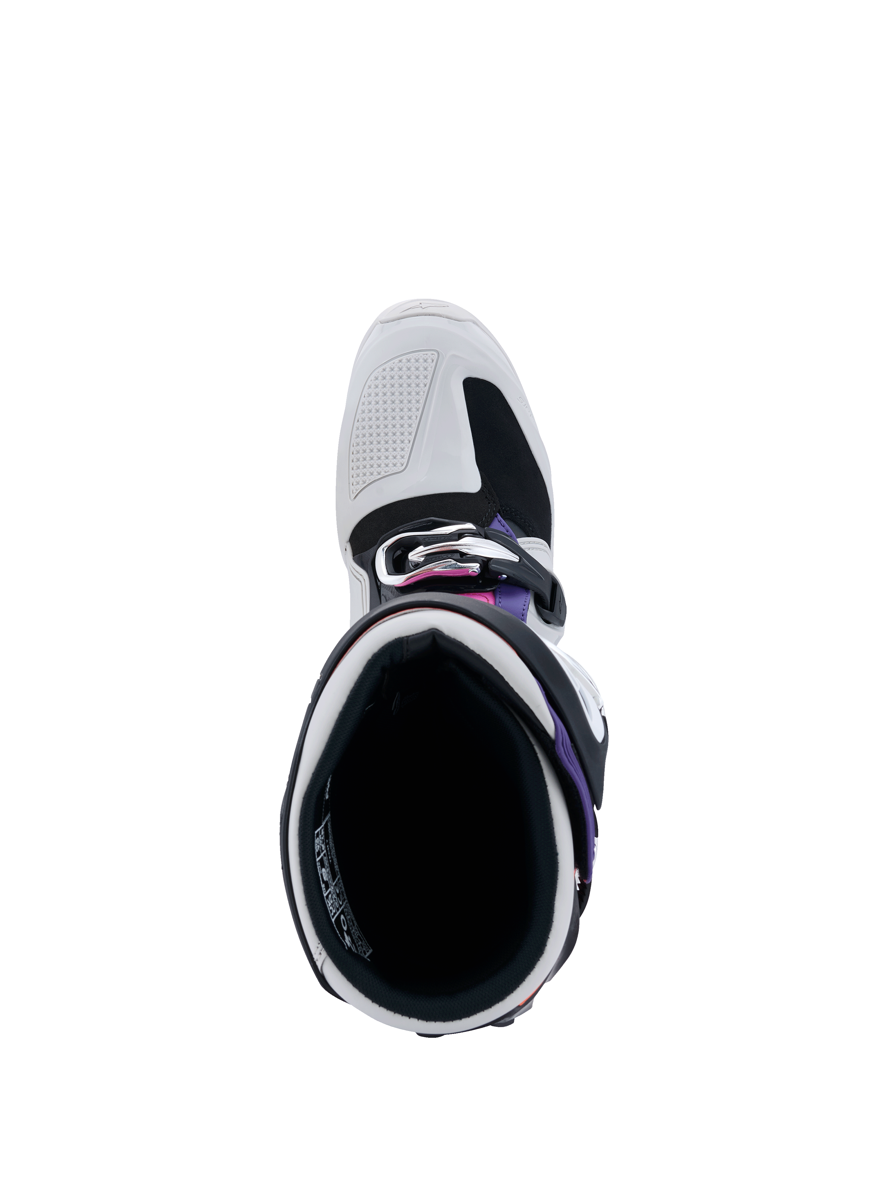 Botas Alpinestars Tech 7, vista superior da abertura da bota, cinzento claro e preto com detalhes em roxo e magenta, mostrando o acolchoamento interior, o sistema de fivelas e a biqueira reforçada para corridas off-road