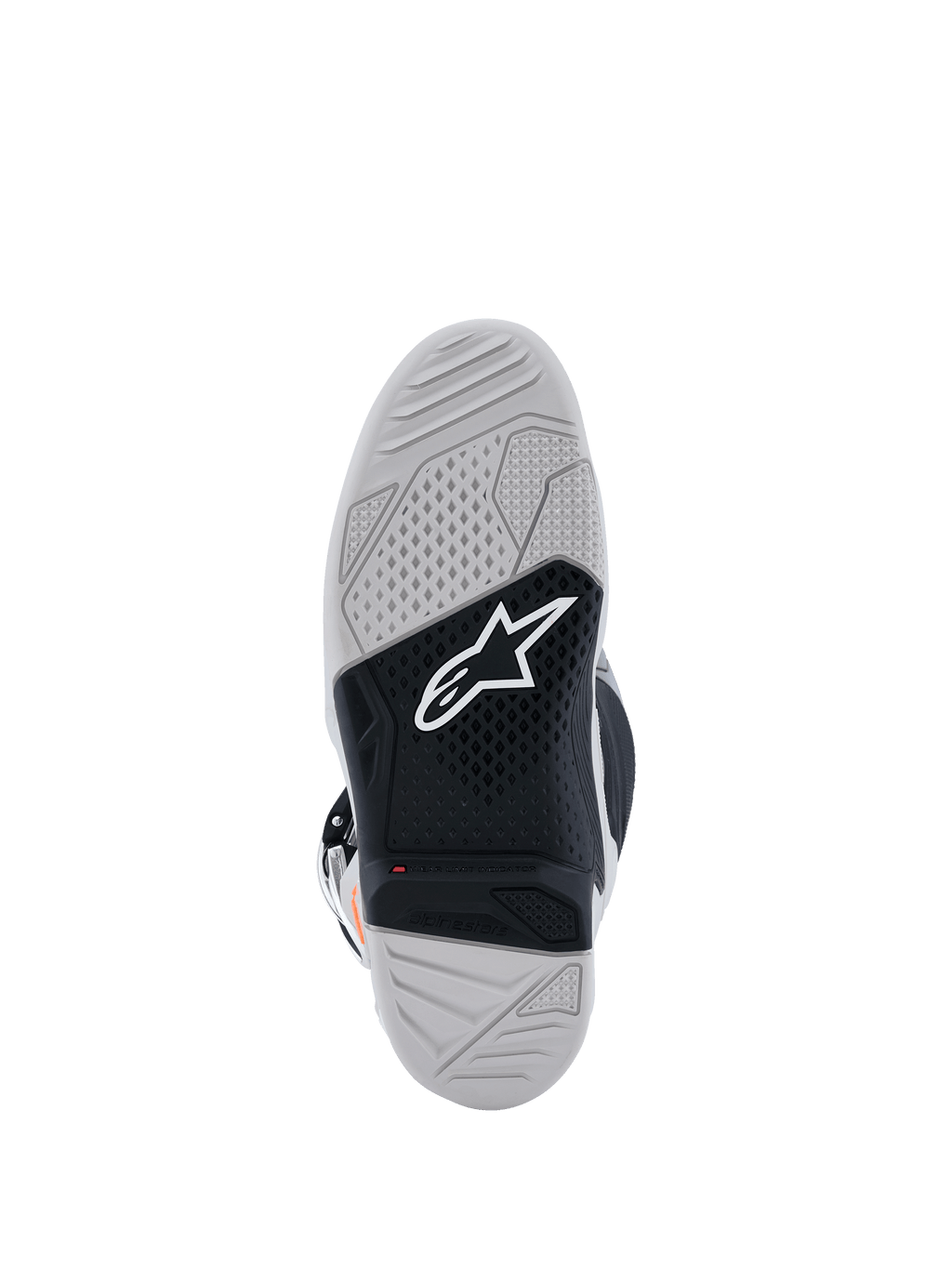 Botas Alpinestars Tech 7, vista da sola, botas de motocross, cinzento claro e preto, com sola de borracha vulcanizada de duplo composto, logótipo Alpinestars branco, indicador vermelho de limite de desgaste e padrão de aderência texturado de alta tração