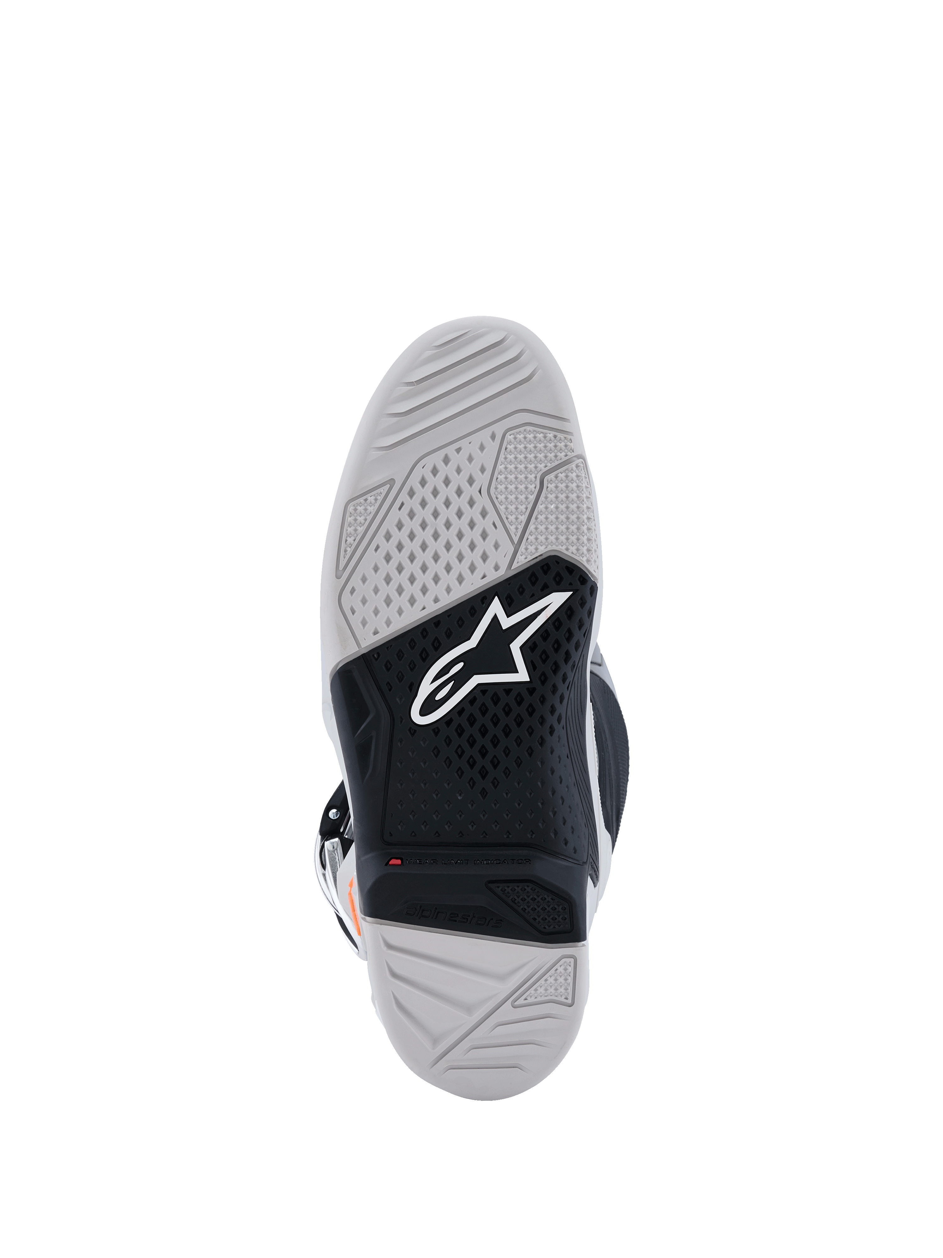 Botas Alpinestars Tech 7, vista da sola, botas de motocross, cinzento claro e preto, com sola de borracha vulcanizada de duplo composto, logótipo Alpinestars branco, indicador vermelho de limite de desgaste e padrão de aderência texturado de alta tração