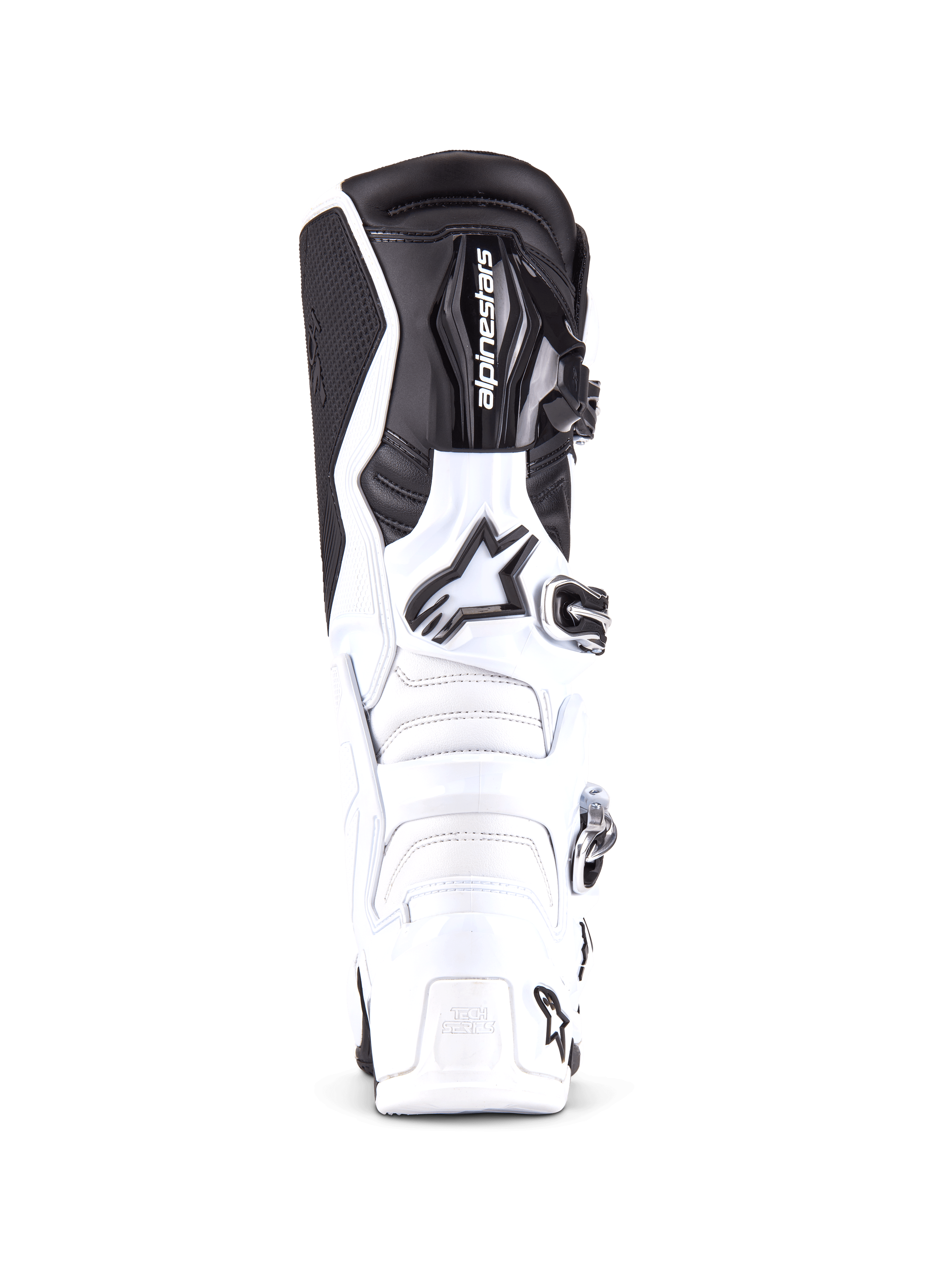 Botas Alpinestars Tech 7, botas de motocross profissionais em branco e preto, vista frontal mostrando a placa da canela reforçada com o logótipo Alpinestars, sistema de fecho com múltiplas fivelas e construção durável em TPU para condução todo-o-terreno