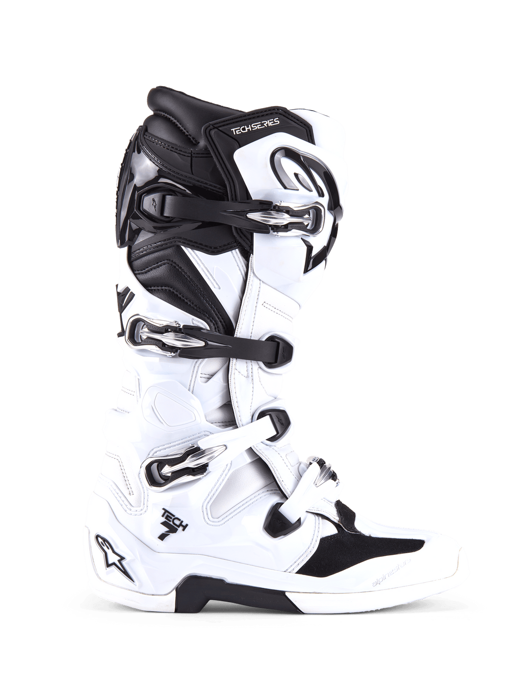 Botas Alpinestars Tech 7, botas de motocross e todo-o-terreno, brancas e pretas, com quatro fivelas ajustáveis e concha em TPU reforçada, perfil lateral de calçado profissional de todo-o-terreno