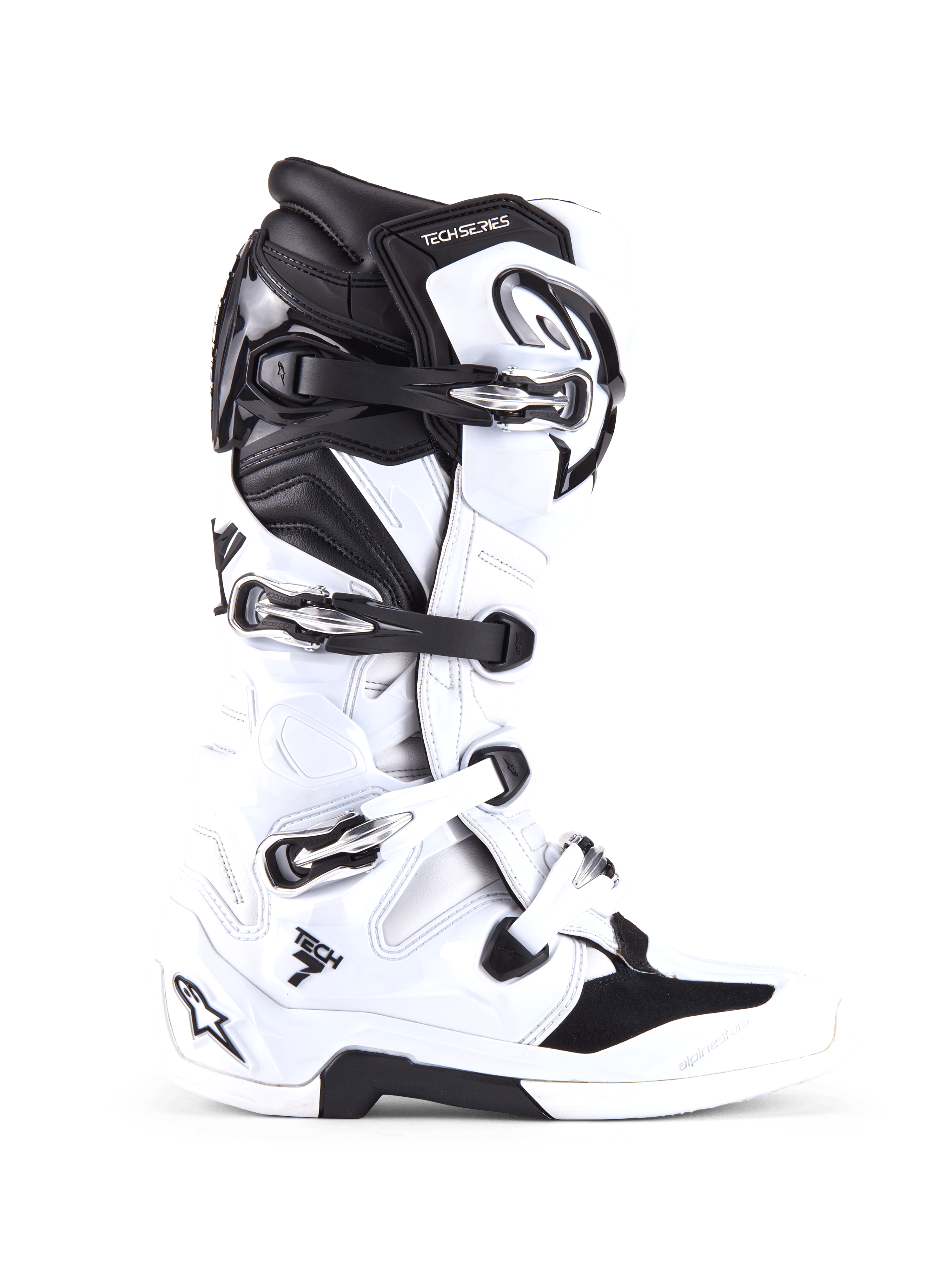 Botas Alpinestars Tech 7, botas de motocross e todo-o-terreno, brancas e pretas, com quatro fivelas ajustáveis e concha em TPU reforçada, perfil lateral de calçado profissional de todo-o-terreno