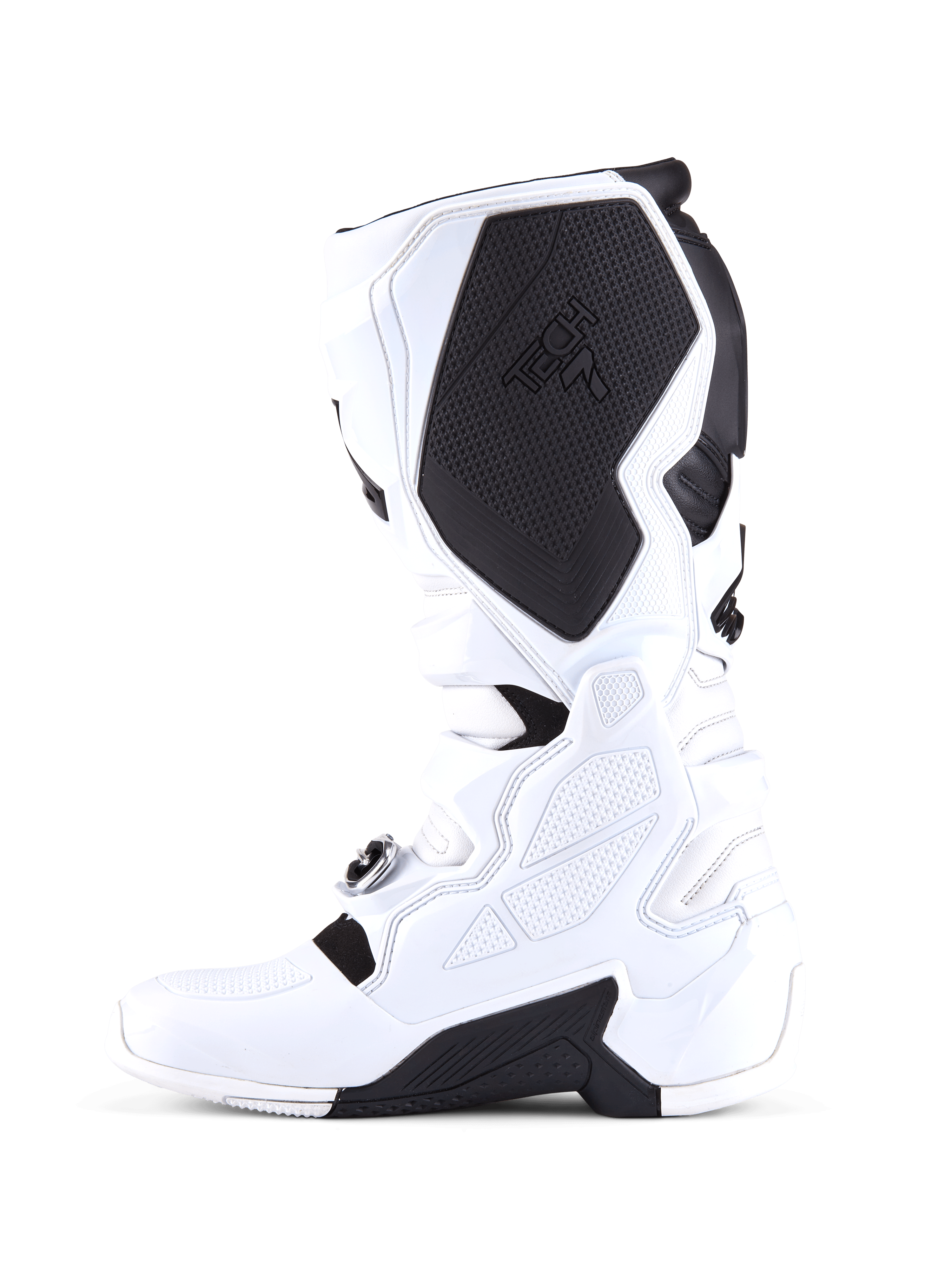 Botas Alpinestars Tech 7, botas de motocross, brancas e pretas, perfil lateral medial com um grande painel protetor interno preto na panturrilha com a marca Tech 7, construção em TPU branco e superfícies de aderência texturadas.
