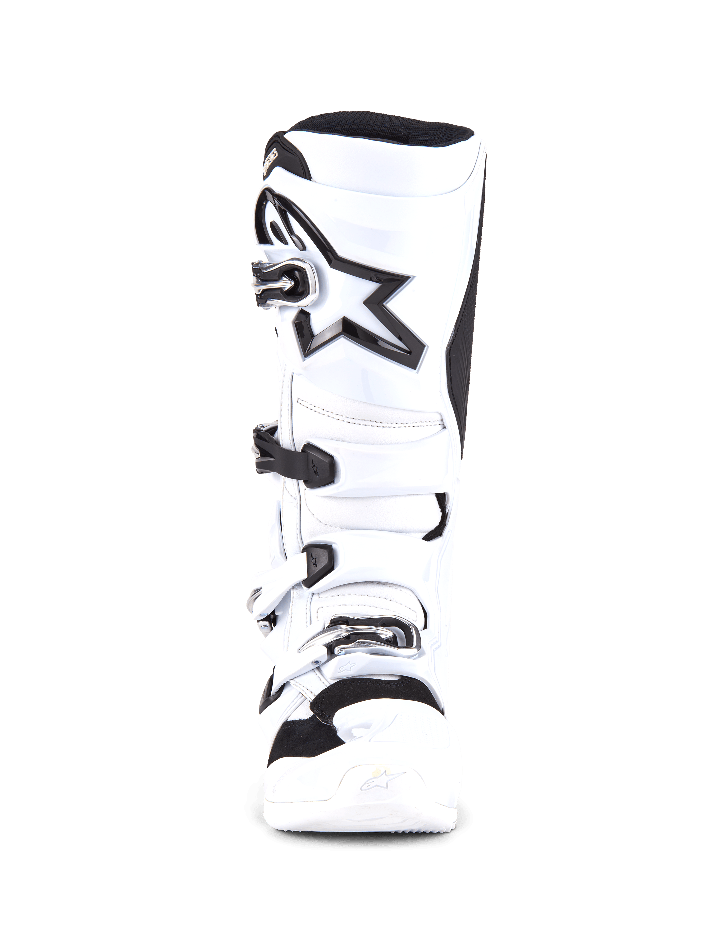 Botas Alpinestars Tech 7, botas de motocross, brancas e pretas, vista frontal com sistema de fecho de quatro fivelas, grande logótipo de estrela preta na canela, estrutura protetora em TPU e biqueira reforçada para corridas de motocross